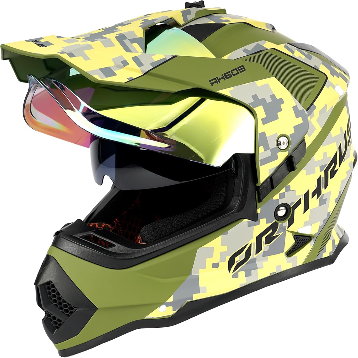 Orthrus DOT Certified Dual Sport Multicam Adventure Motorcycle Helmet UV Protected Visor for Snowmobile ATV Dirt Bike Off Road (Halo