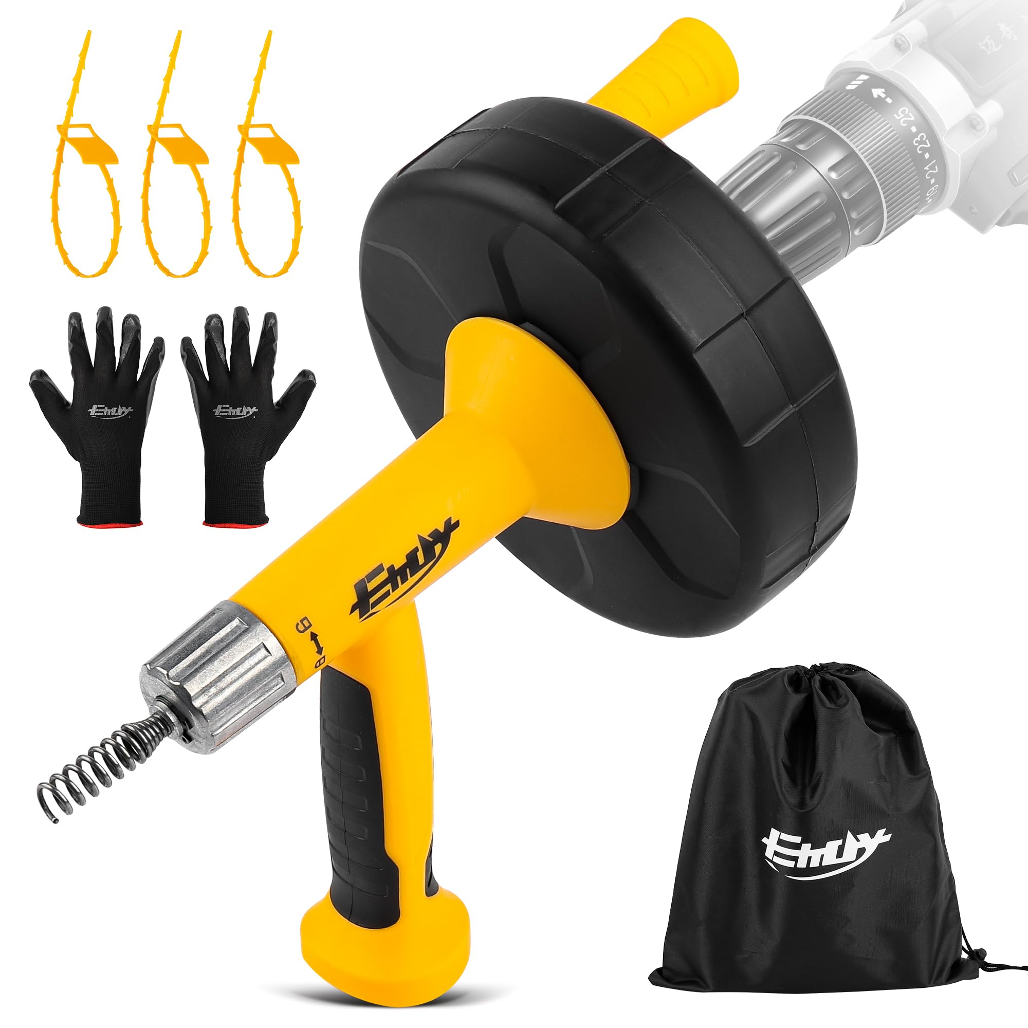 EHDY Drain Augers, Clog Remover with Drill Adapter, 25 Feet Heavy Duty Flexible Plumbing Snake Use Manually or Powered