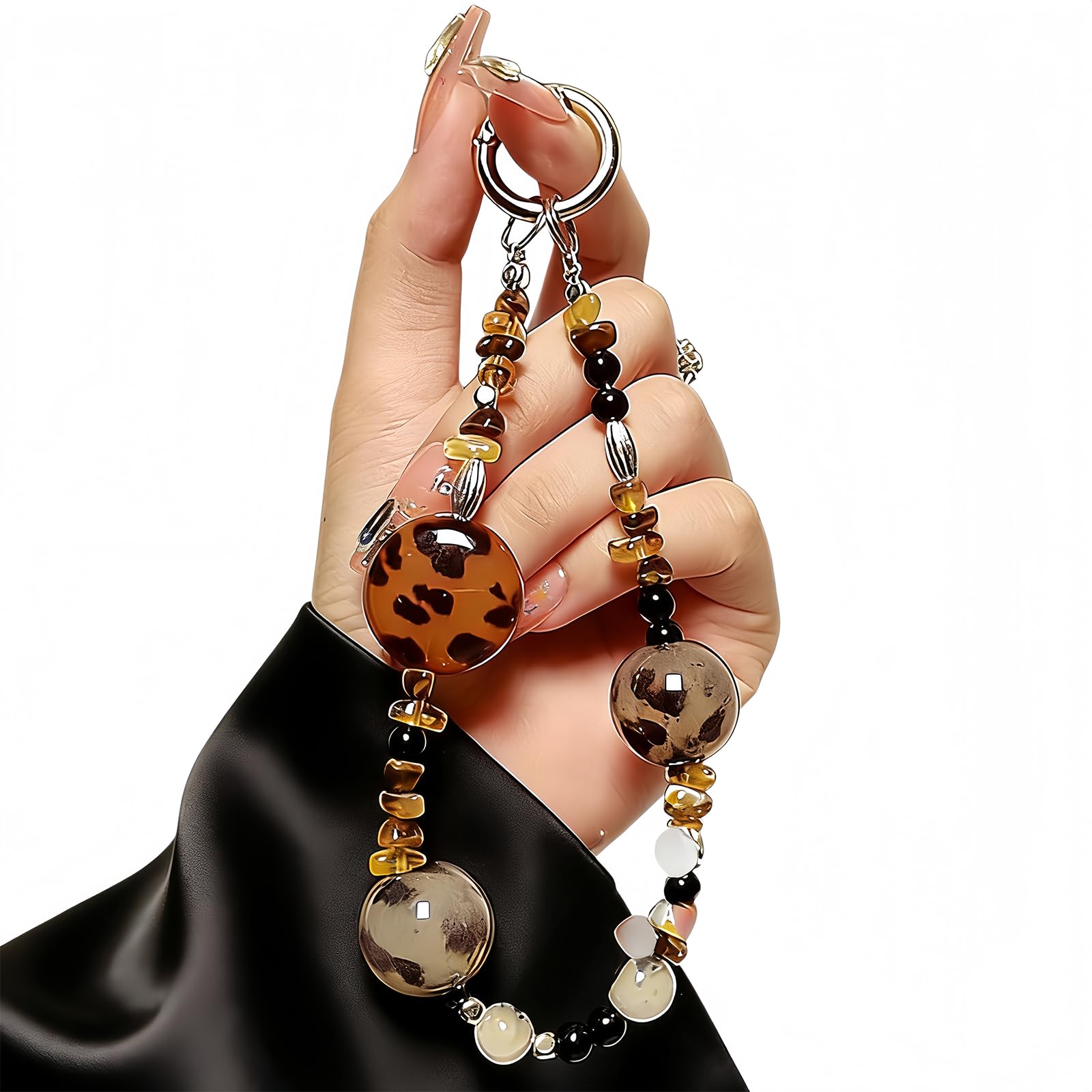 LIFCIUSO Phone Charm with Crystal/Handpainted Bead, Kawaii Hands-Free Wrist Strap for Women Girl, Cute Heart Fluffy Leopard Print Shell Bead, Luxury Bling Diamond Glitter Beaded, Phone Lanyard — view 7