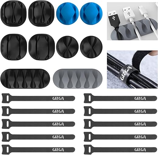 Gizga Essentials Set of 20 Cable Organiser, Cable Protector & Wire Organizer Clips for Cables, Reusable Cable Organizer for Desk, WFH Accessories,…