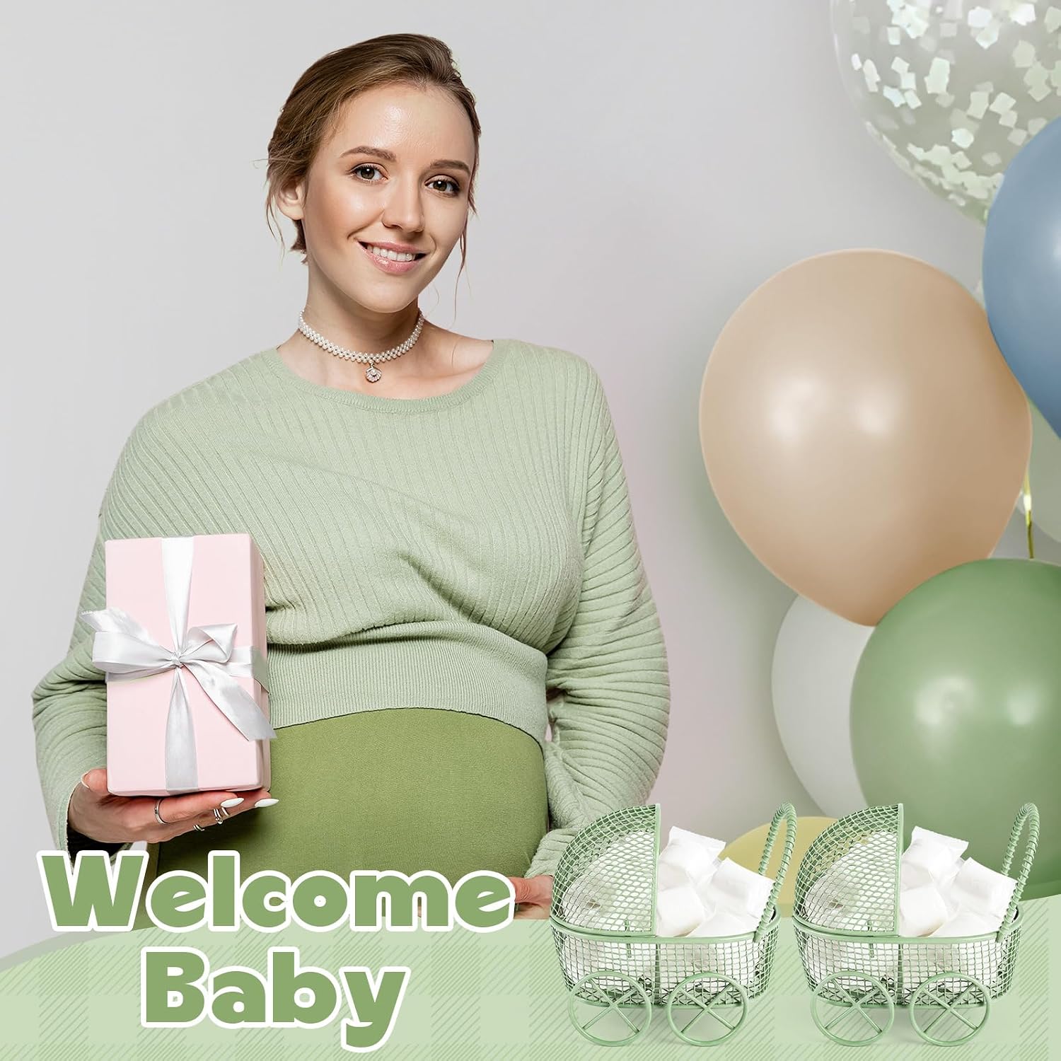 Threehoney 24 Pcs Baby Shower Mini Carriage Decoration Greenery Color Metal Wired Fillable Candy Stroller Baby Shower Table Centerpiece for Guest Gender Reveal Wedding Party Favor Gift image 5