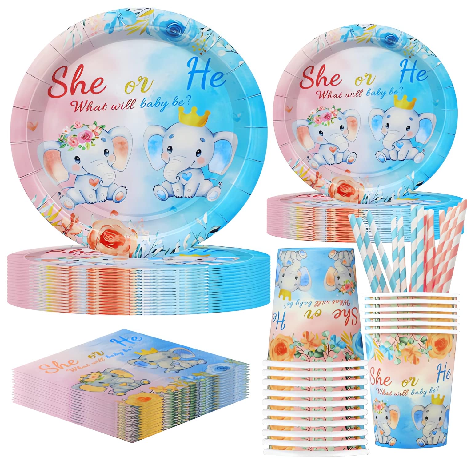 MAKINGTEC Gender Reveal Decorations Watercolor Elephant Blue Pink Plates Napkins Boy Girl He She What Will Baby Be Baby Shower Supplies, Gender Reveal Tableware Sets Cups for 16 Guests