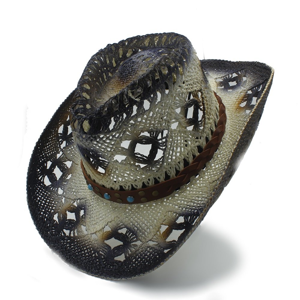 Chapeau de paille fait main style western bleu marine pour une élégance estivale raffinée