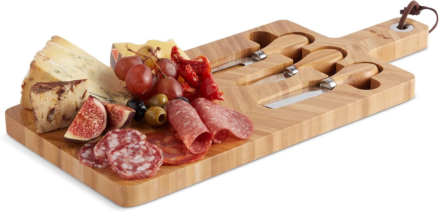 VonShef Herringbone Cheese Board & Knife Set 100 Bamboo Serving