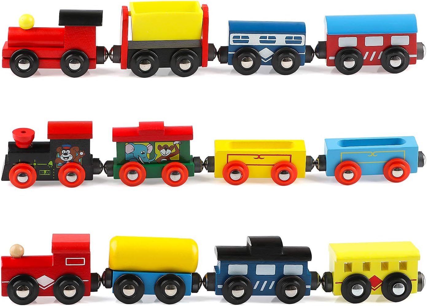 Joqutoys 12 PCS Wooden Train Cars, Train Toys Magnetic Set Includes 3 Engines and Storage Bag, Toy Train Sets for Kids Toddler Boys and Girls, Compatible with Major Brands Train Tracks Set