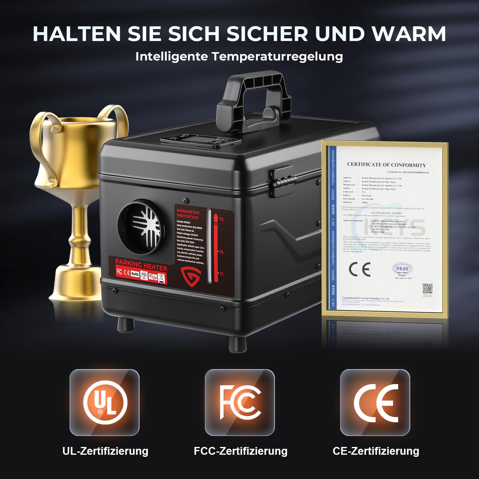 Dieselheizung 220-240V AC & 12/24V DC 8 kW, All-in-One 5L Diesel Standheizung mit Bluetooth APP Fernbedienung und LCD Bildschirm, für Zuhause, Werkstatt, Garage, Wohnmobil, LKW, RV, Boot Schwarz