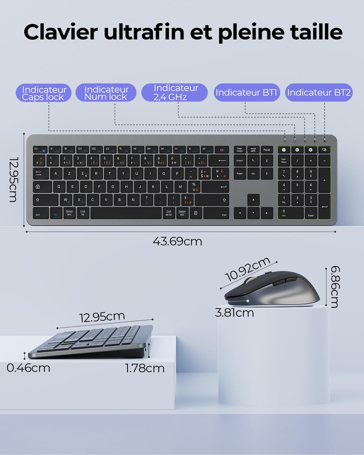 seenda COE300 Clavier Souris sans Fil Bluetooth AZERTY | Connexion Multi-Appareils, Silencieux, Ultra-Fin Clavier, Souris 4 Niveaux DPI, Compatible Windows/Mac OS/iPad/Android