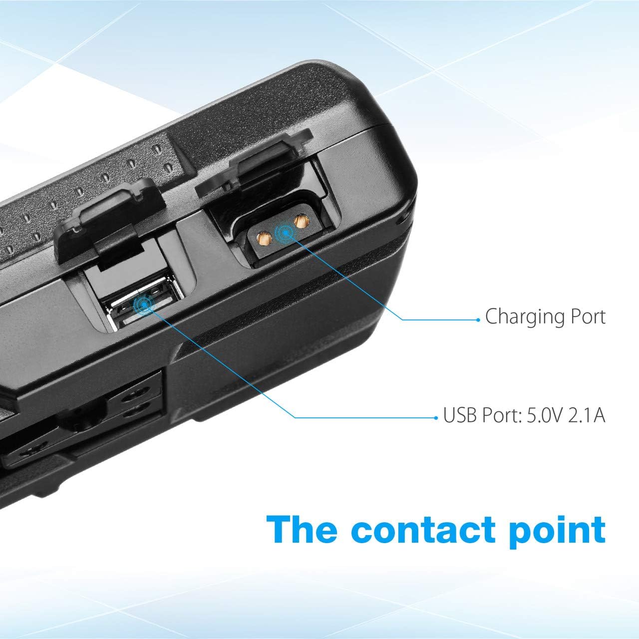 Side view of Powerextra V-mount battery showing charging port and USB output