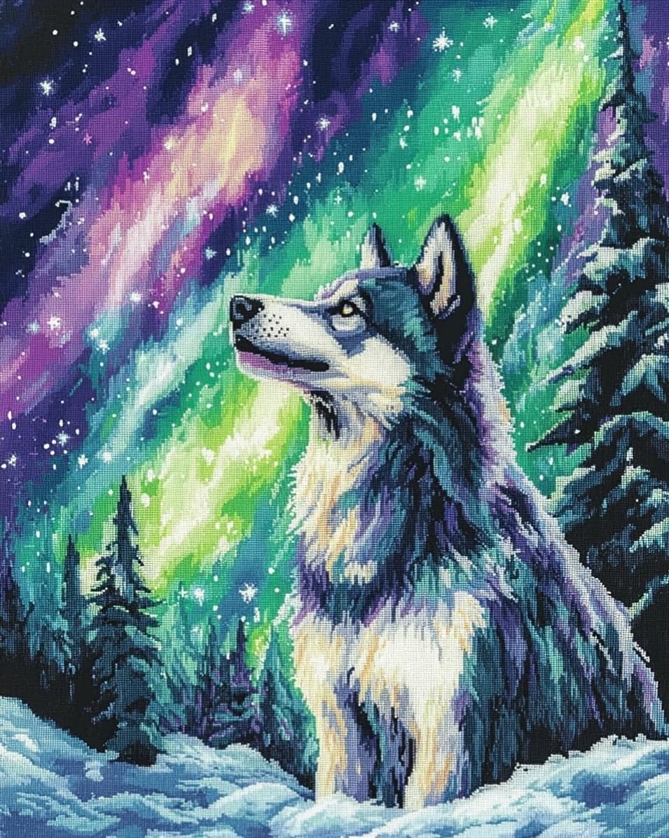 WallustrioaW Cross Stitch Kits,Wolves Under the Aurora,DIY Needlework Kits 11CT Stamped Cross Stitch for Beginners Adults Home Bedroom Decoration,16x20in