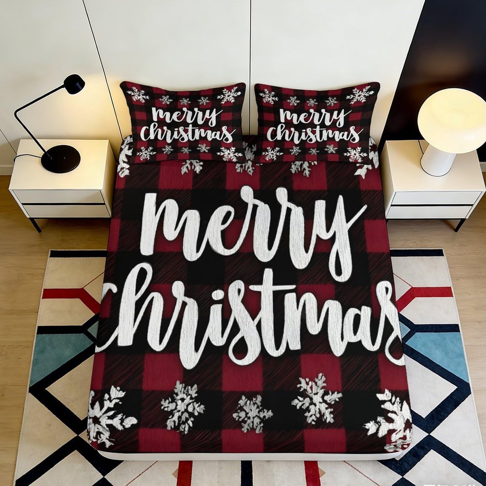 3D Printed Red Plaid Merry Christmas Fitted Sheet Microfiber Snowflake Bed Cover for Bedroom Guest Room Decor 90x200x25cm