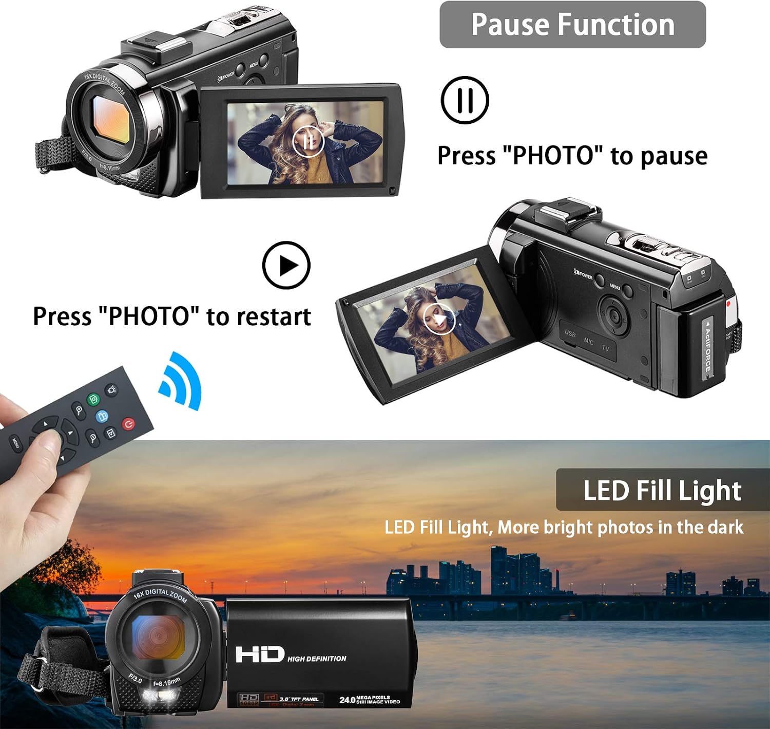 One-Day Sale: Up to 40% Off Camcorder Video Camera for YouTube, Vlogging Camera Recorder Full HD 1080P 30FPS 24MP 16X Zoom 3 270° Rotation Screen Digital Camera with Microphone, Fill Light, Remote Control, 2 Batteries