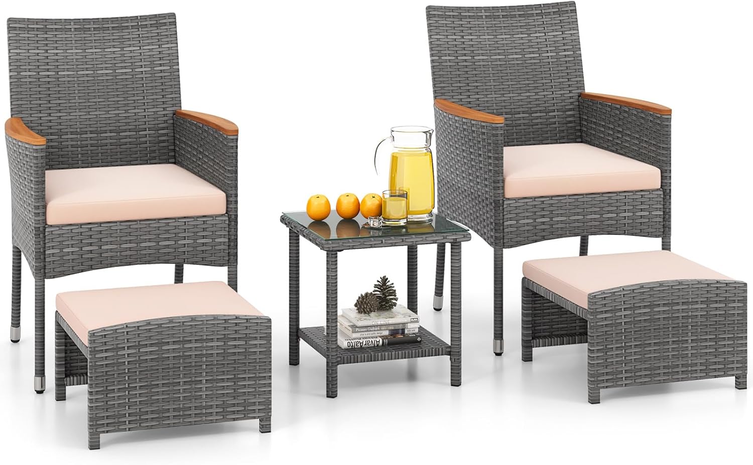 Tangkula 5 Pieces Patio Conversation Set, Outdoor PE Rattan Chairs with Soft Cushions, Ottomans & Tempered Glass Top Table, Acacia Wood Armrests, Patio Furniture Set (Mix Grey+Beige)