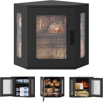 TQVAI Bread Box for Kitchen Countertop Large Corner Bread Loaf Storage Container Double Layer Wooden Bread Boxes Bin Farmhouse Pantry Shelf with Acrylic Window, Black