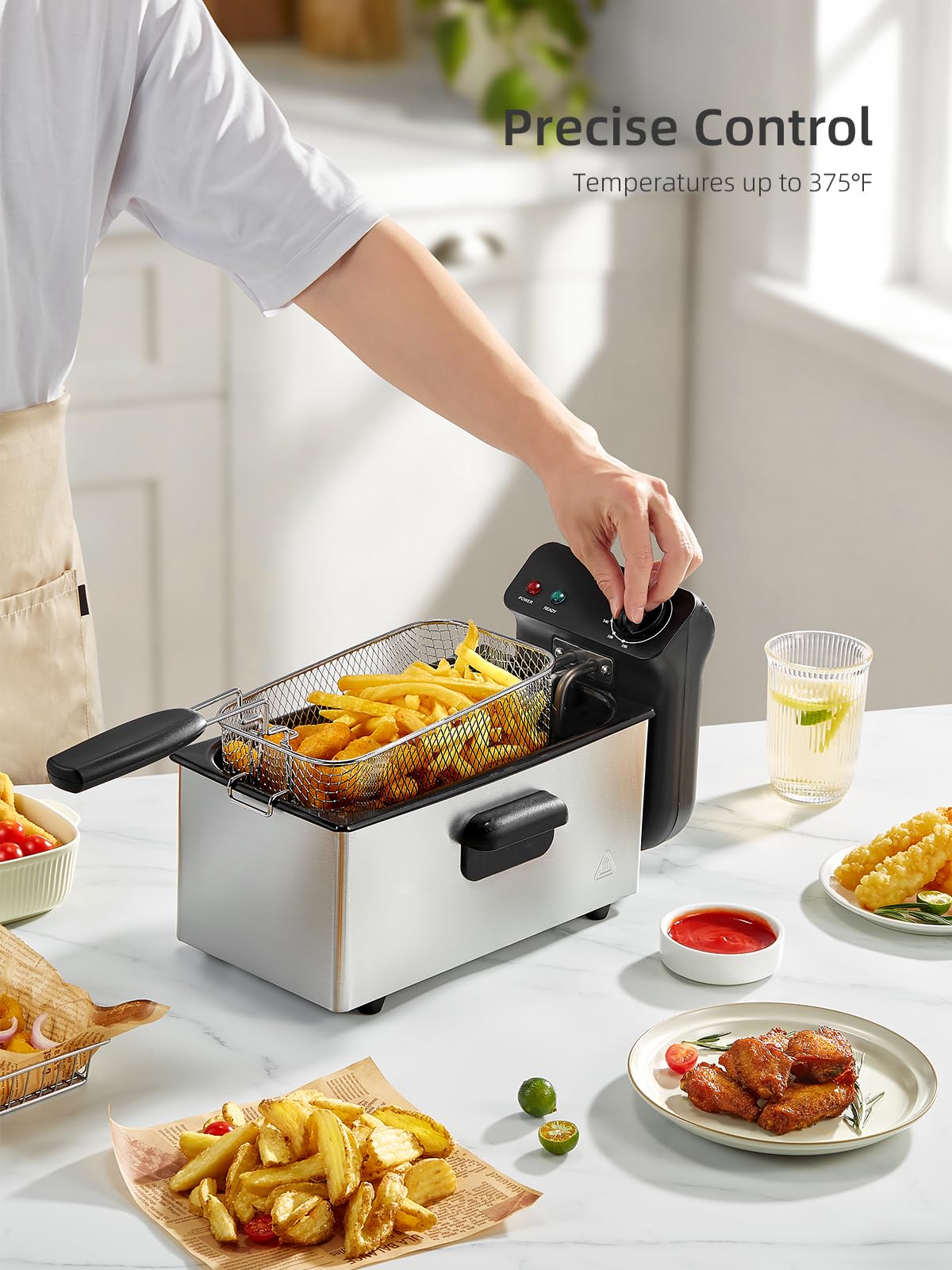 Freidora eléctrica 3L, freidora de 2000 W con revestimiento esmaltado antiadherente, termostato doble seguridad, piezas compatibles con lavavajillas, temperatura ajustable 130-190 °C