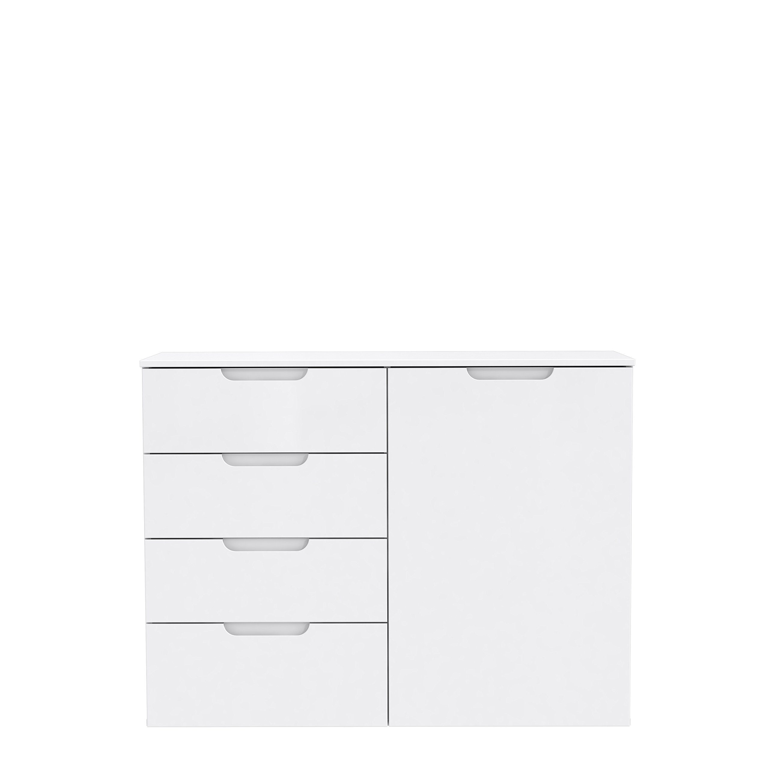 FORTE Sienna Kommode mit 1 Tür und 4 Schubladen, Holzwerkstoff, Weiß/ Weiß Hochglanz, 109.9 x 34.1 x 84.9 cm
