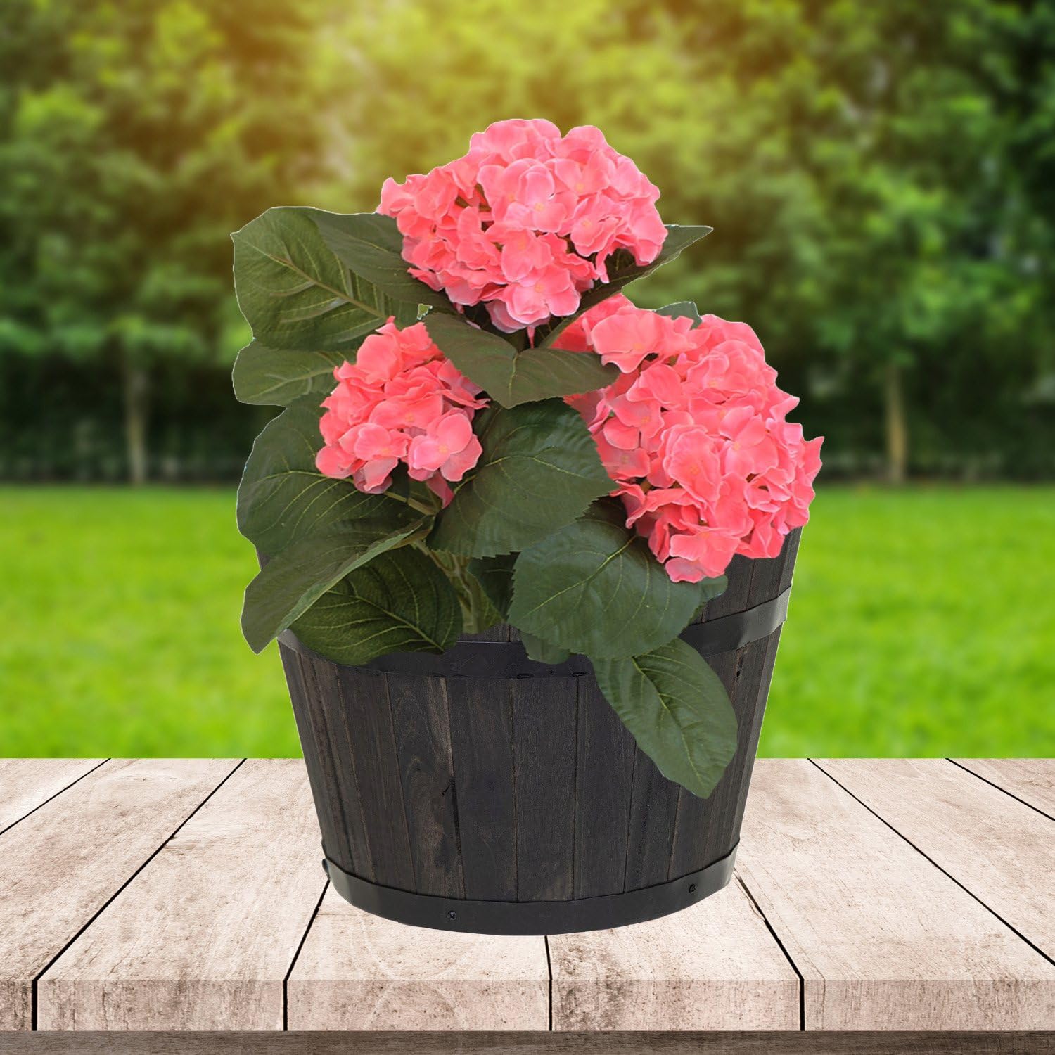 Pflanztopf rund aus FSC-Akazienholz anthrazit | Pflanzkübel mit Entwässerungsloch | Blumentopf-Blumenkübel aus Holz | Verschiedene Größen (stehend, 40x24 cm)