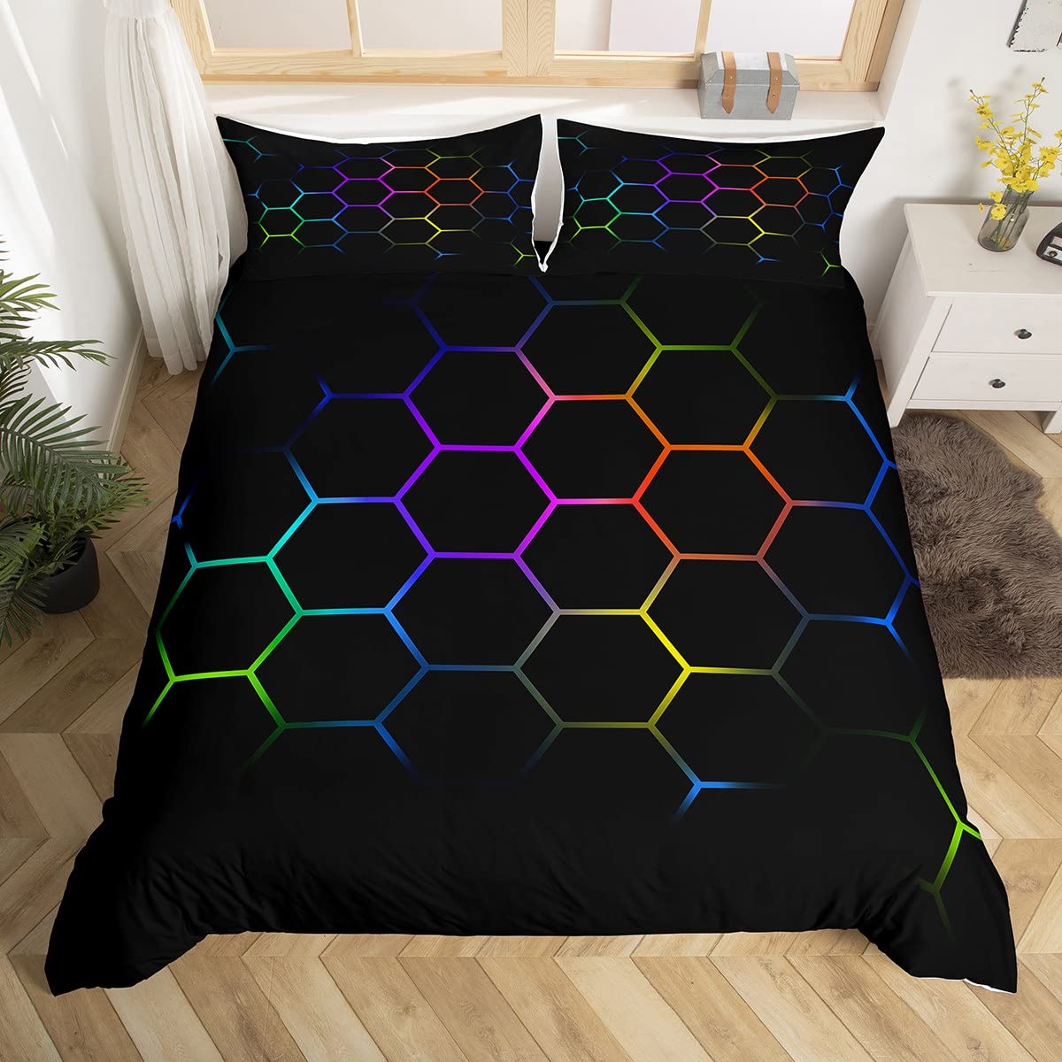 Couvre-lit 3 pièces nid d'abeille et géométrie pour chambre garçon