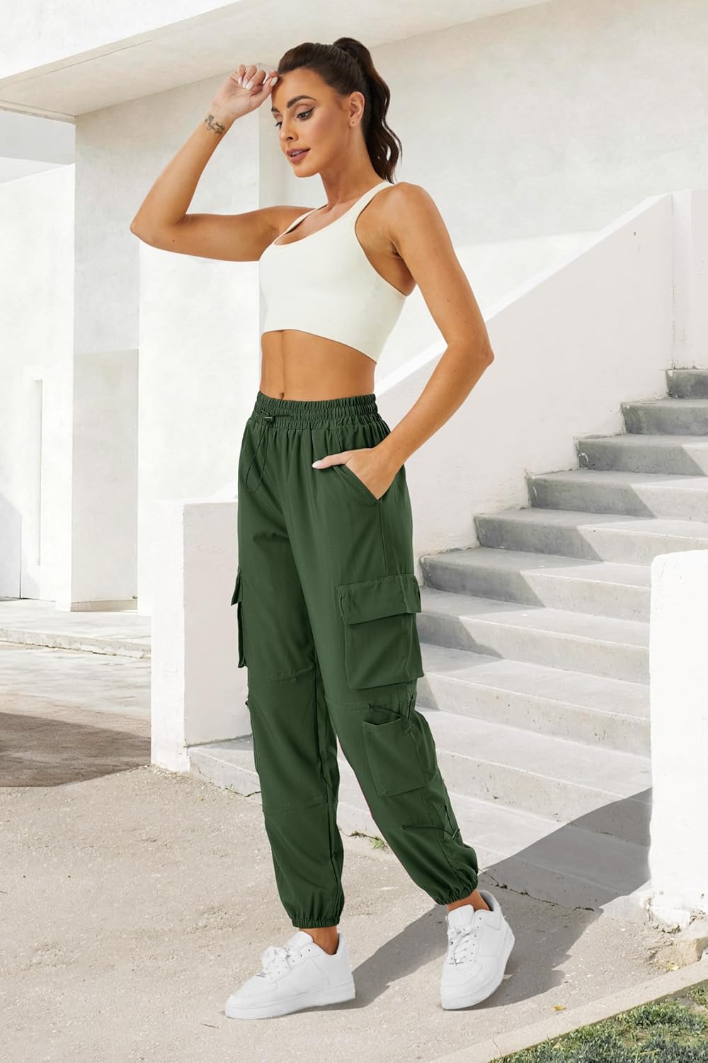 Womens Parachute Cargo Pants with Pockets Quick Dry Hiking Pants Lightweight Water-Resistant Baggy Joggers - Image 4