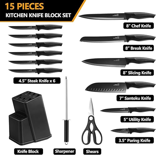 Miniatura 2 de E-far Juego de cuchillos con bloque, juego de 15 piezas de bloque de cuchillos de cocina con afilador, juego de cuchillos de chef afilados de acero