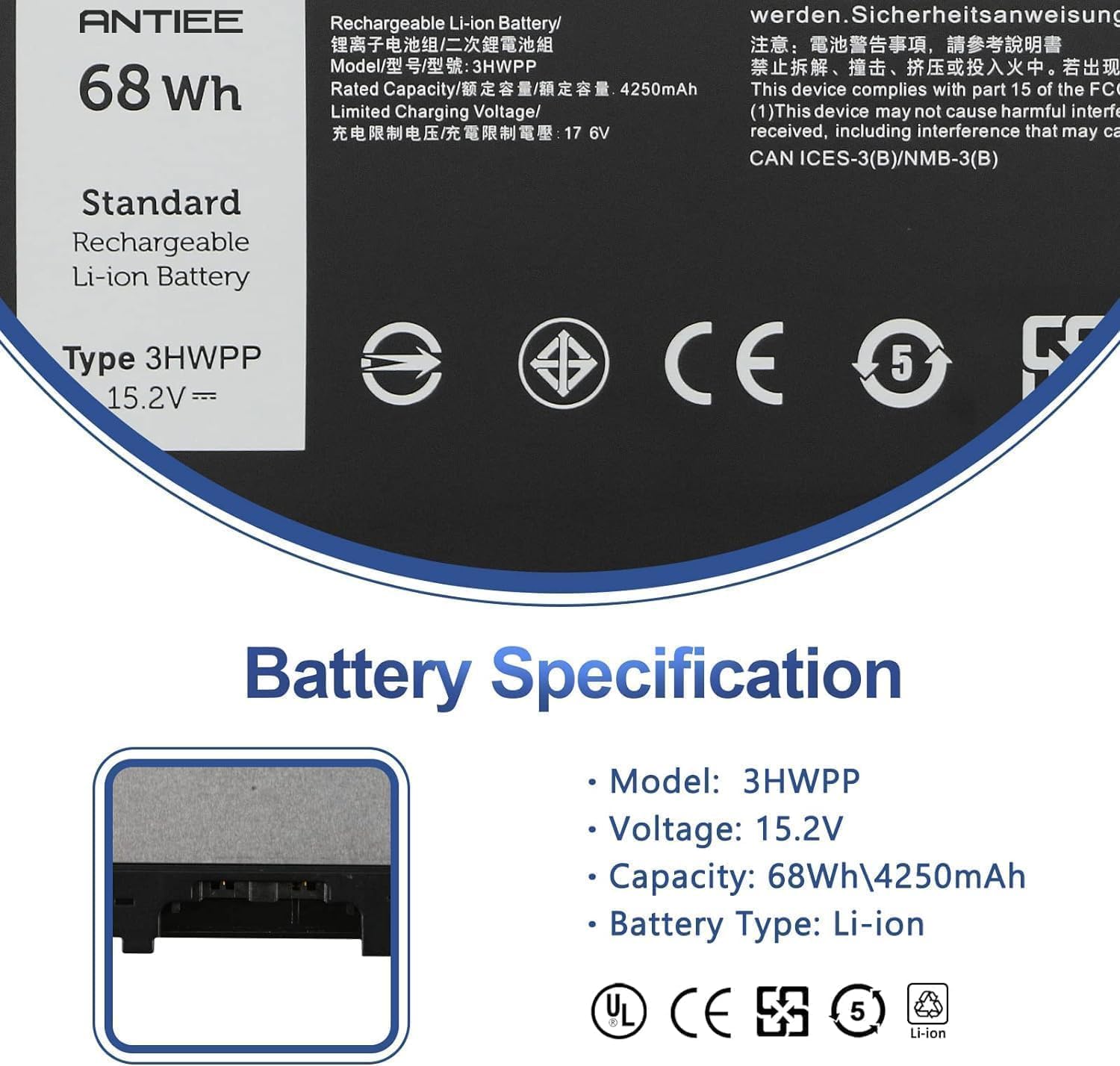ANTIEE 68Wh 3HWPP Laptop Batterie pour Dell Latitude 5410 5510 5501 5401 5411 5511 Precision 3541 3551,Inspiron 7706 2-in-1, Inspiron 17 7500 7506 2-in-1 Black 03HWPP 10X1J N2NLL 1VY7F 451-BCMN 15.2V
