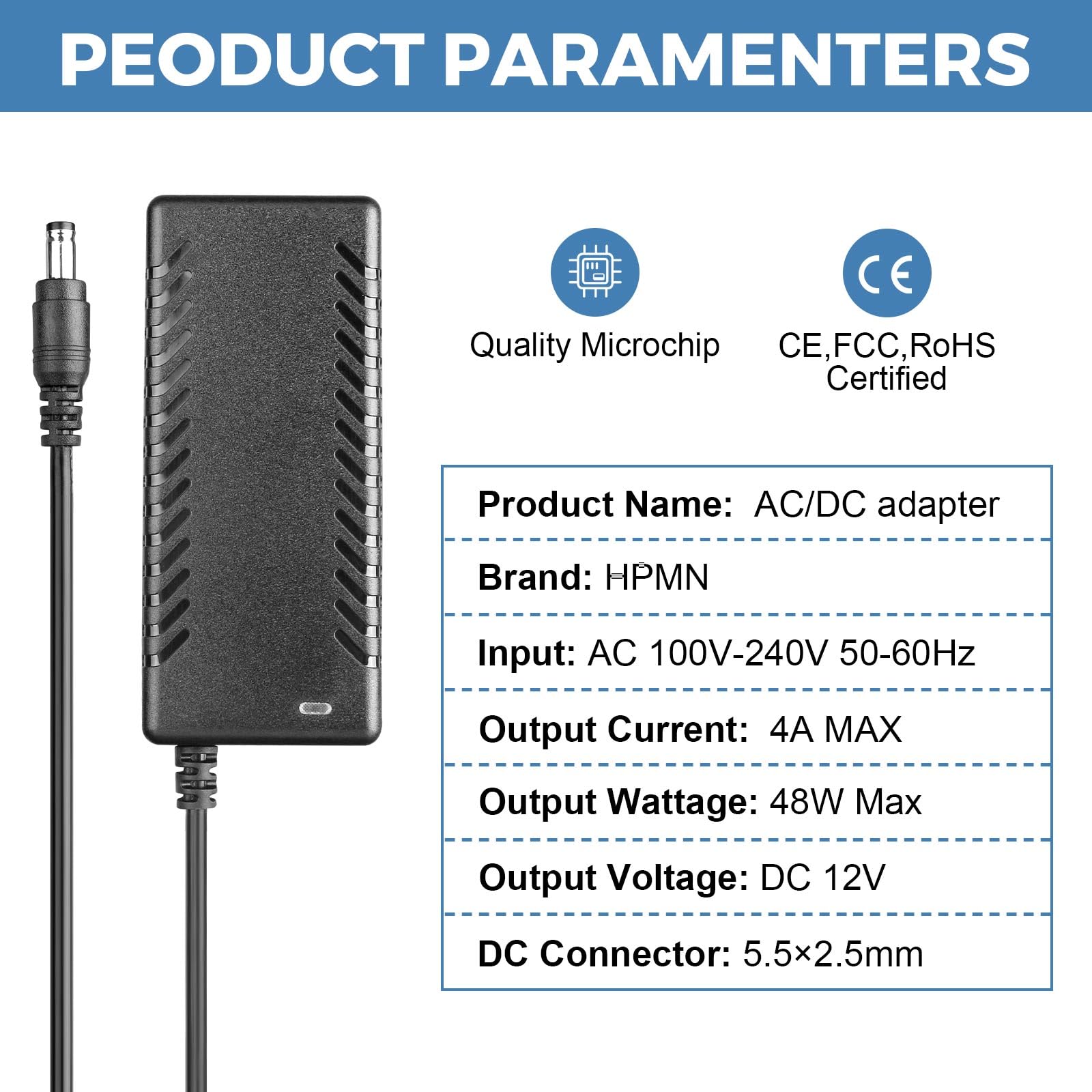 12V 4A 48W Netzteil AC/DC Adapter AC 100-240V auf DC 12V Konverter 12 Volt 4 Amp Power Transformer mit 5,5 x 2,5 mm Ausgangsbuchse für LED Strip Modul Licht
