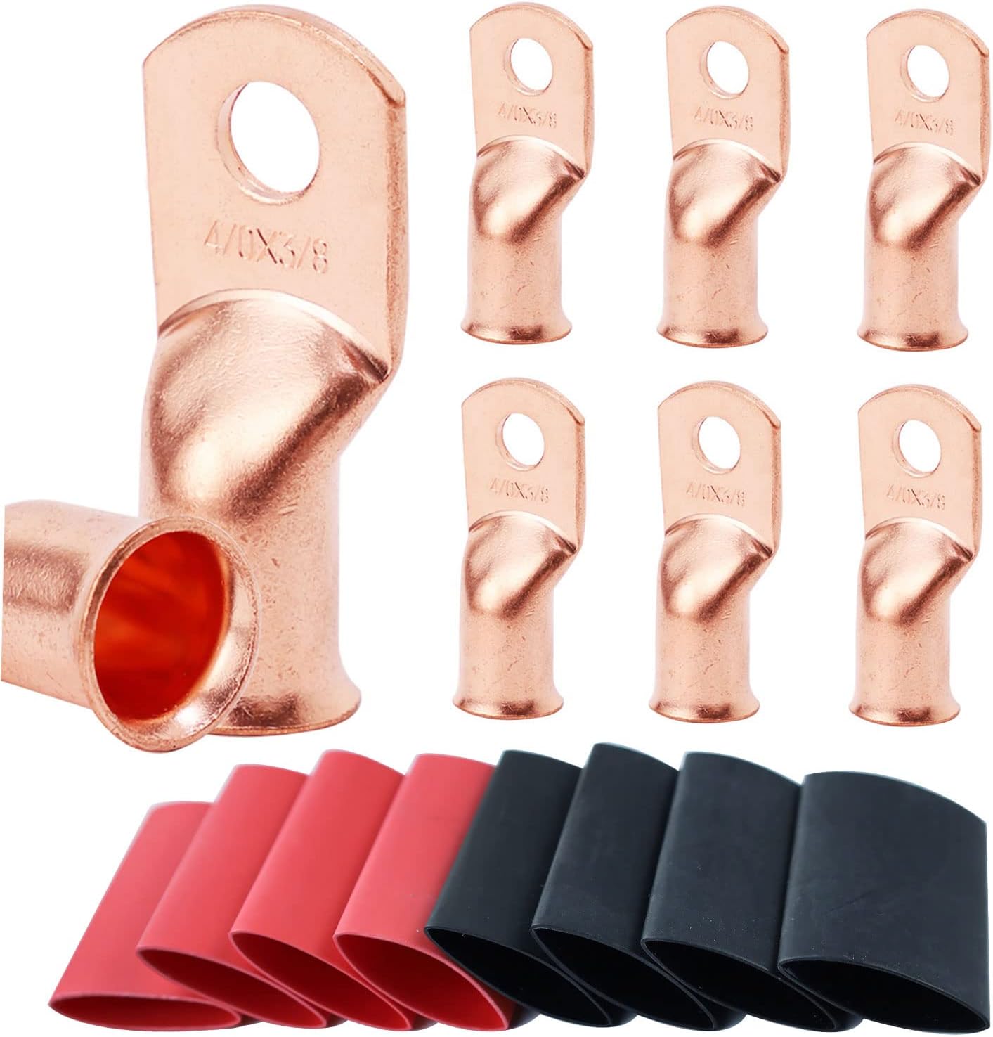 TKDMR 8pcs 4/0 AWG-3/8 Battery Lugs,Heavy Duty Wire Lugs,Ring Terminals,Battery Cable Ends,0 Guage terminals,Battery Terminal Connectors with 8pcs 3:1 Heat Shrink Tubing