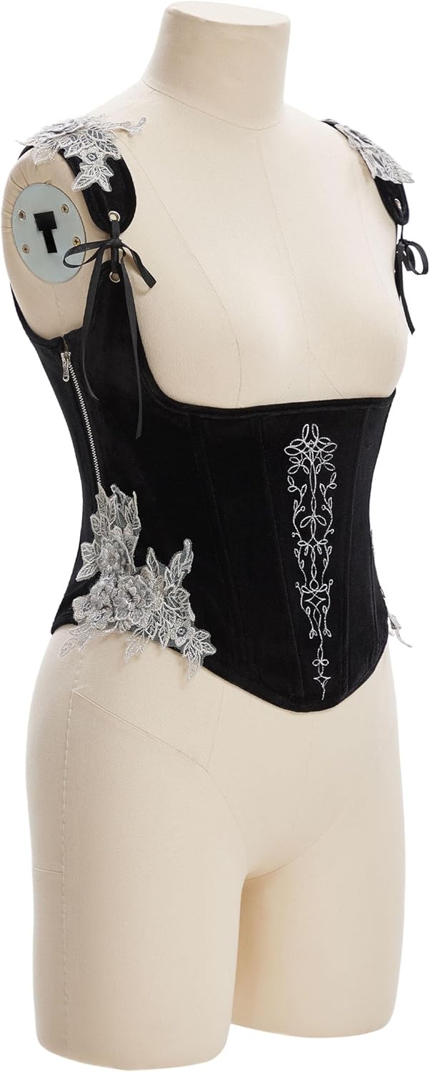 daizbella Women Velvet Medieval Corset Embroidery Elf Style Renaissance Corset Tops Overbust Boned Bustier Bodice
