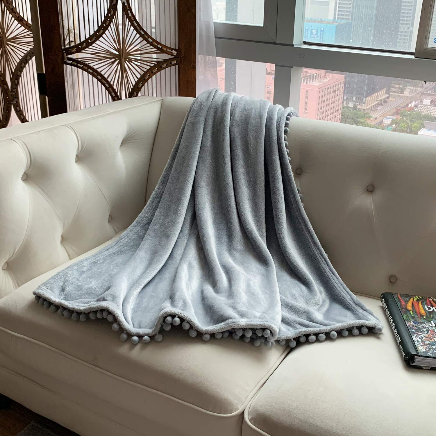 LOMAO Flannel Blanket with Pompom Fringe Lightweight Cozy Bed Blanket Soft Throw Blanket fit Couch Sofa Suitable for All Season (Blue Grey, 51''x 63'')