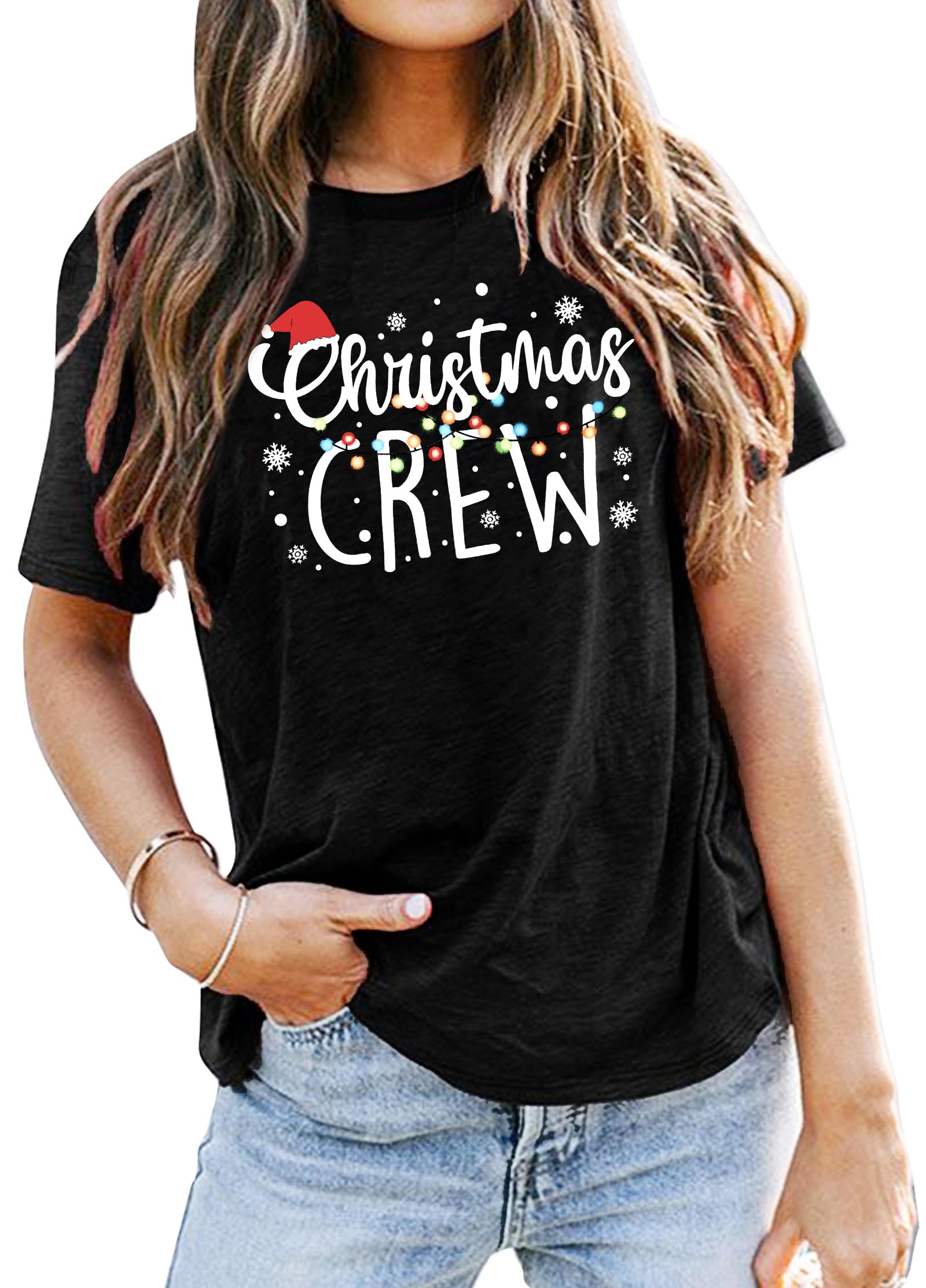 Christmas Crew Shirts for Women Xmas Shirt Top Short Sleeve Christmas Lights Print Graphic T Shirt Holiday Tees