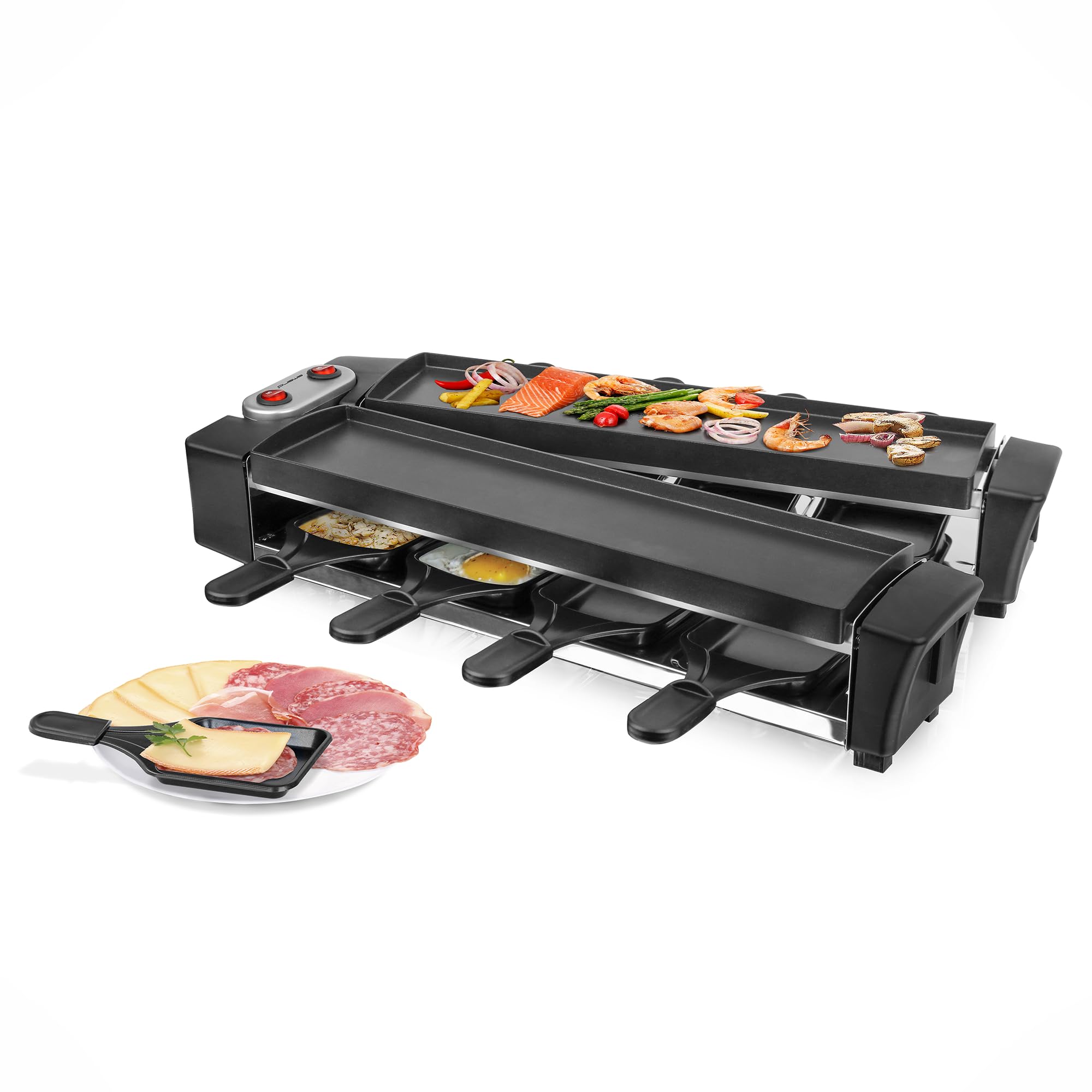 EMERIO Raclette z wysokiej jakości płytami odlewanymi ciśnieniowo | urządzenie składane | 2 x 40,6 x 10 cm powłoka nieprzywierająca bez PFAS firmy ILAG | łatwy do czyszczenia | 8 patelenek | kabel
