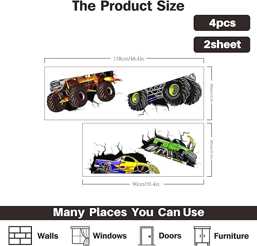 Miniatura 6 de PLIGREAT Calcomanías de pared grandes de camión monstruo, calcomanías de pared de vinilo removible 3D agrietado para adolescentes, sala de juegos,