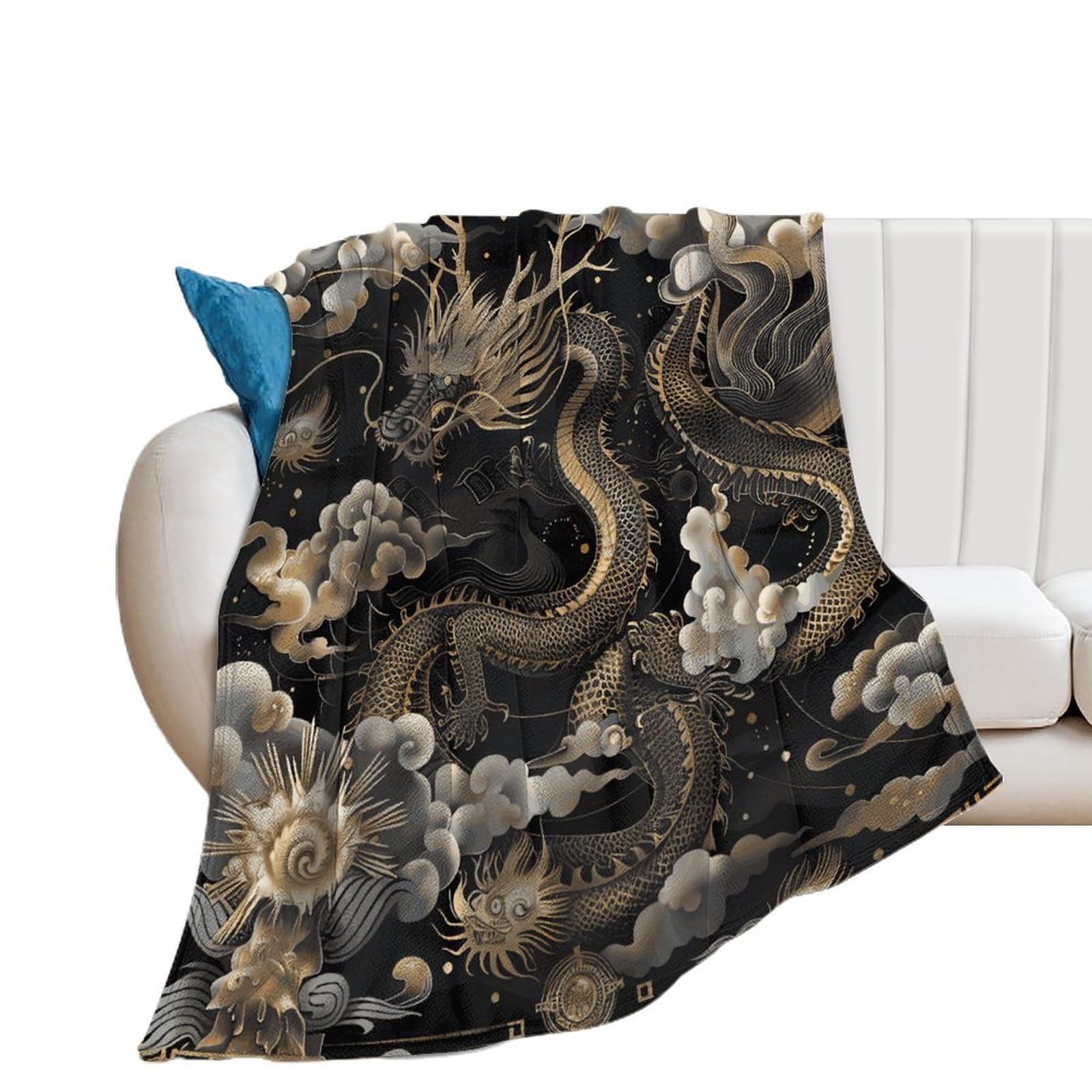 Couverture en microfibre motif dragon chinois noir flanelle douce pour grand lit