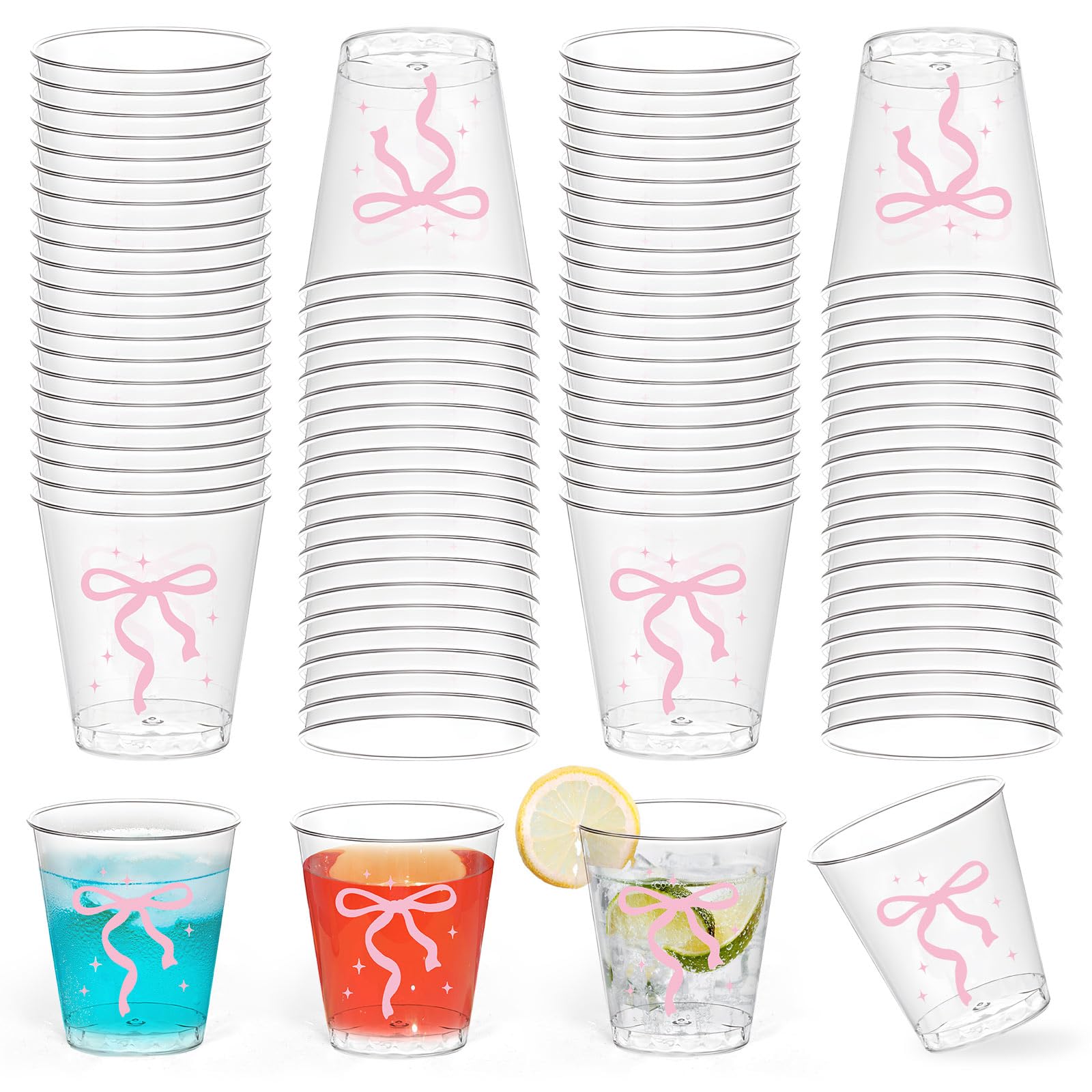 FYSUIMU 50Pcs Pink Bow Shot Glasses Cute Bowknot Hard Plastic Mini Shot Cups Disposable Clear Drinking Tasting Sample Cup for Coquette Birthday Baby