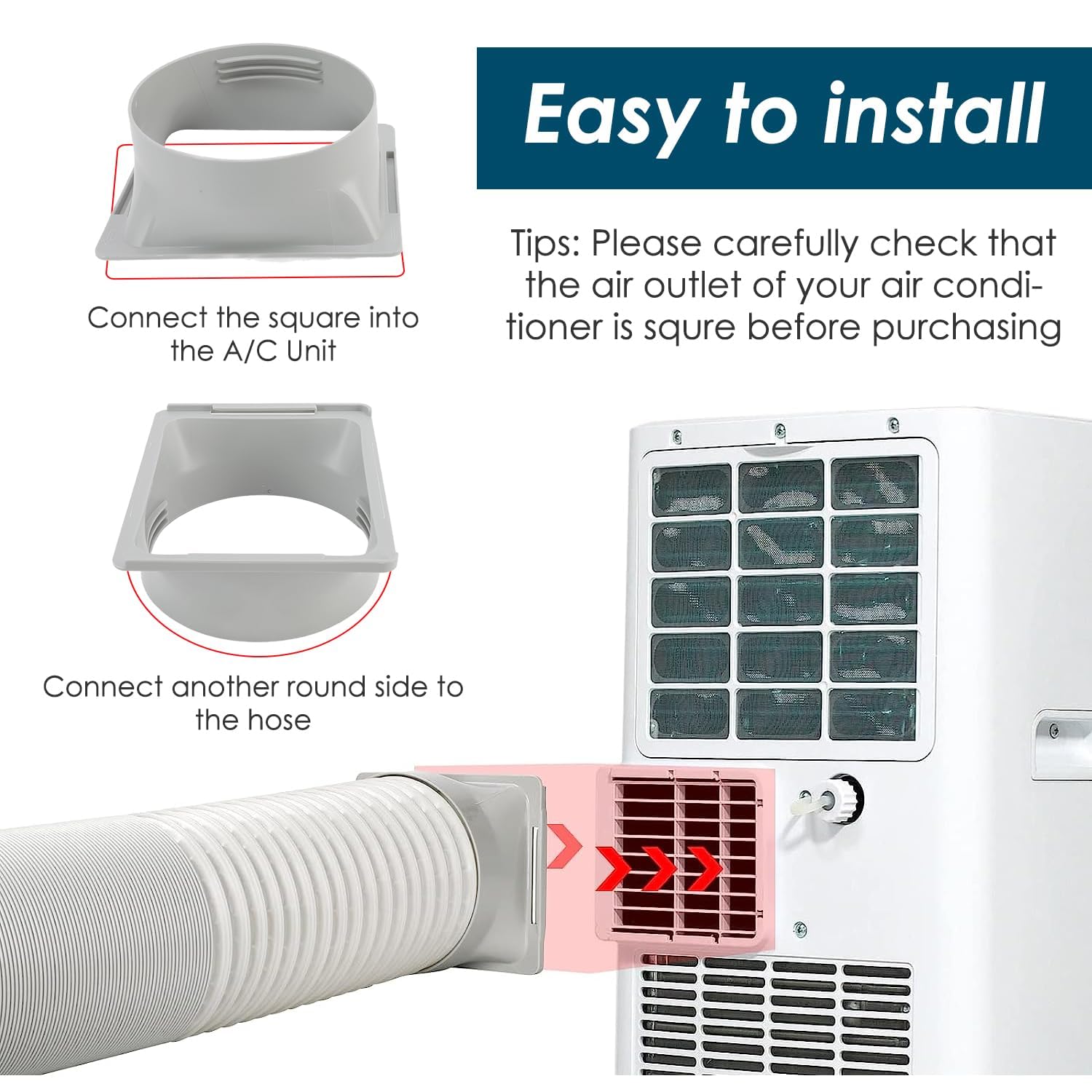 Acoplador de manguera de escape de aire acondicionado de 5.9 pulgadas, adaptador de ventana cuadrada, conector de extensión de manguera de CA, accesorios de aire acondicionado portátil y adaptador de 7