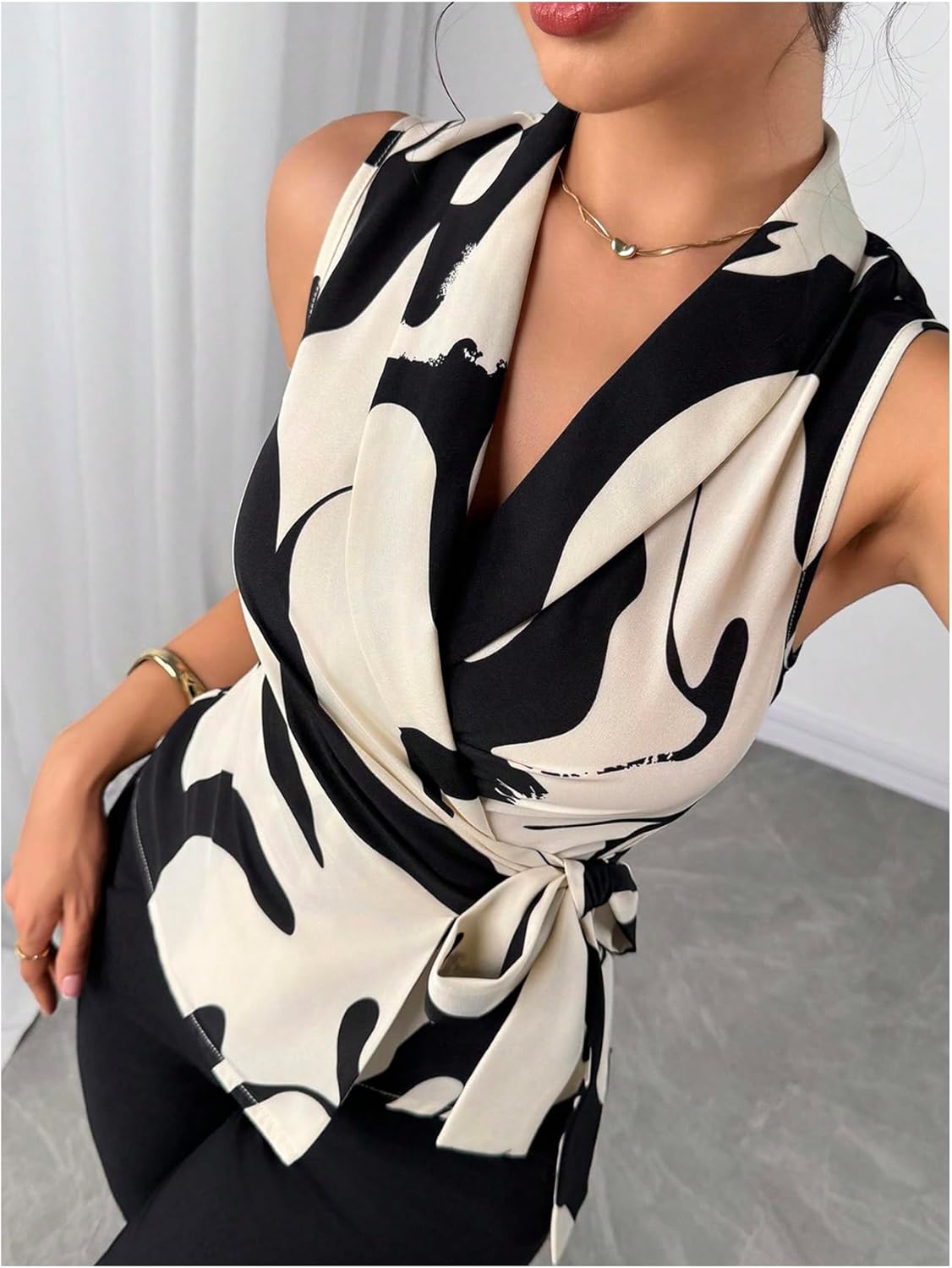 GORGLITTER Women's Sleeveless Wrap Blazers Belted Suit Vest Collared Wrap Graphic Dressy Office Blazers - Image 4