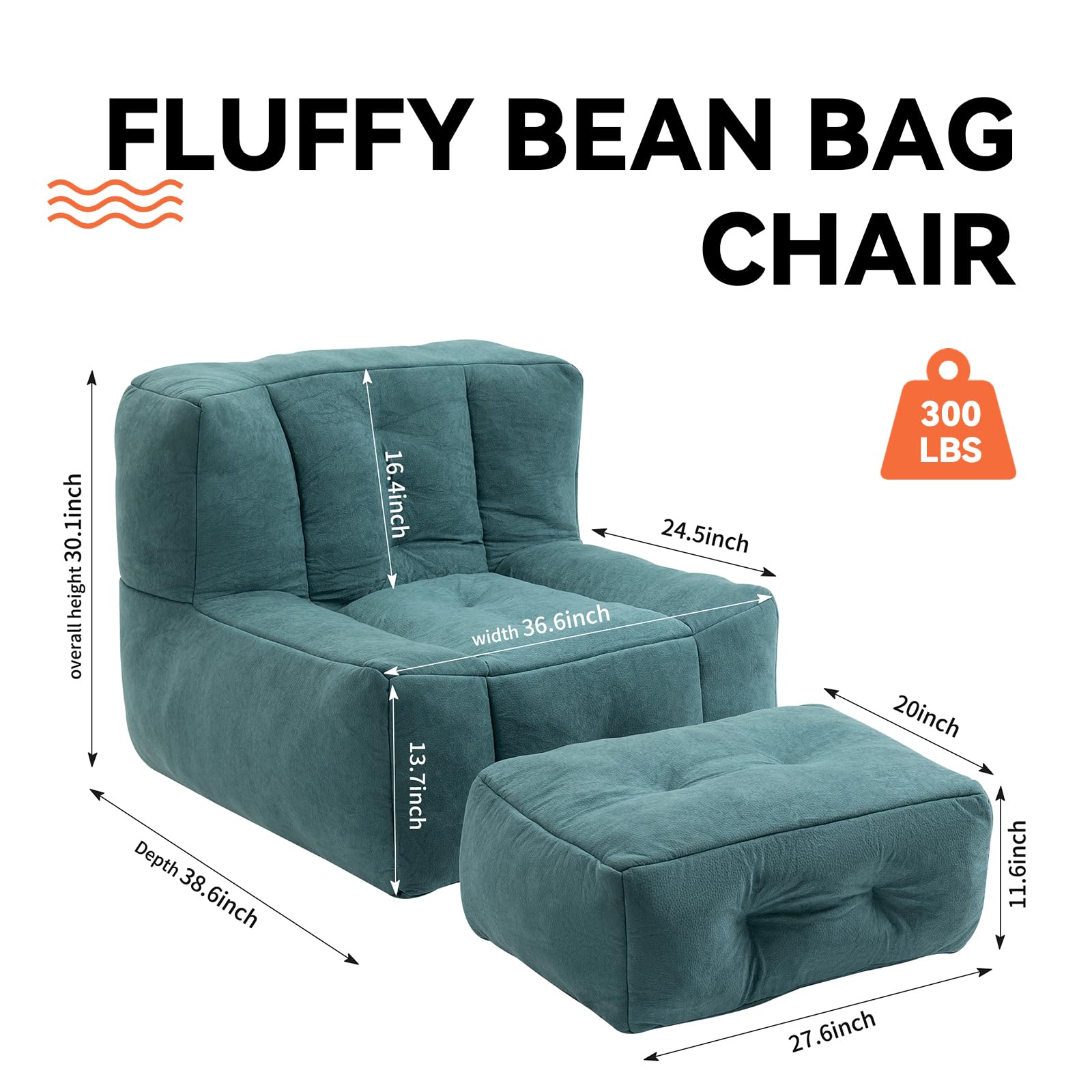HMFULE Fluffy Bean Bag Chair, Comfy Bean Bag Chairs, Super Soft Lazy Sofa Chair with Memory Foam and Ottoman, Modern Bean Bag Chair for Living Room, Bedroom, Apartment, Lake Blue