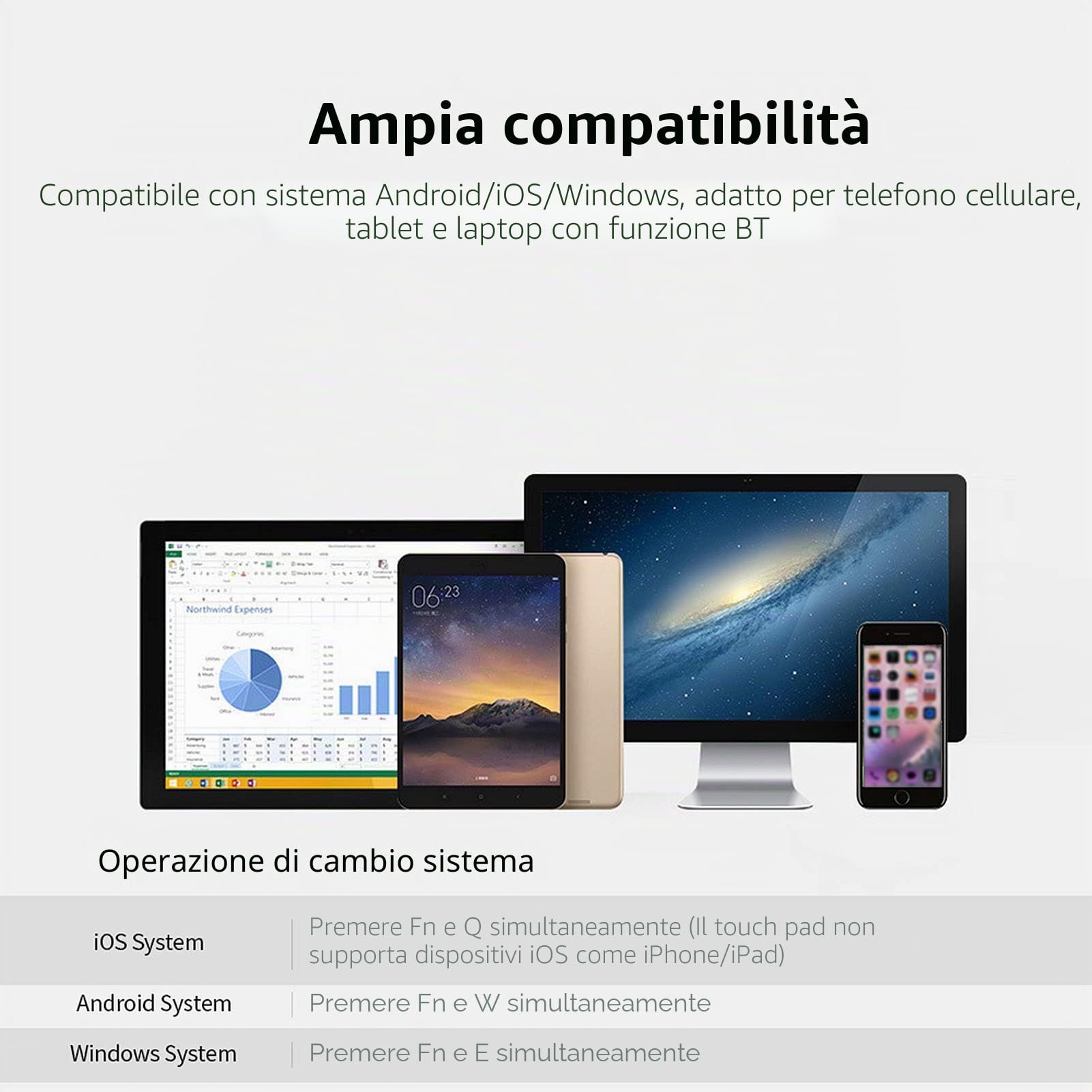 docooler Tastiera BT Wireless Mini Tastiera Pieghevole BT Portatile Ultra Sottile con Touch Panel per Windows/Android/iOS Argento