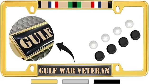 Gulf War Veteran - Domed Custom-Made Personalized Narrow Thin Top 4 Hole Metal Car License Plate Frame with Free caps - Gold Quantity 1 Frame