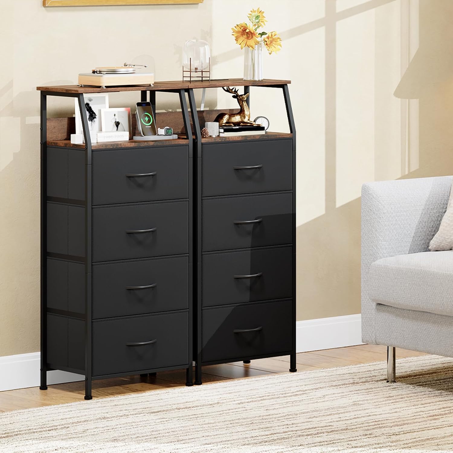 Somdot Black Nightstand with Charging Station and LED Light for Bedroom, Tall 4 Drawers Dresser with Fabric Bins for Bedside Kids Dorm Room Closet Laundry Entryway, Black Rustic Brown