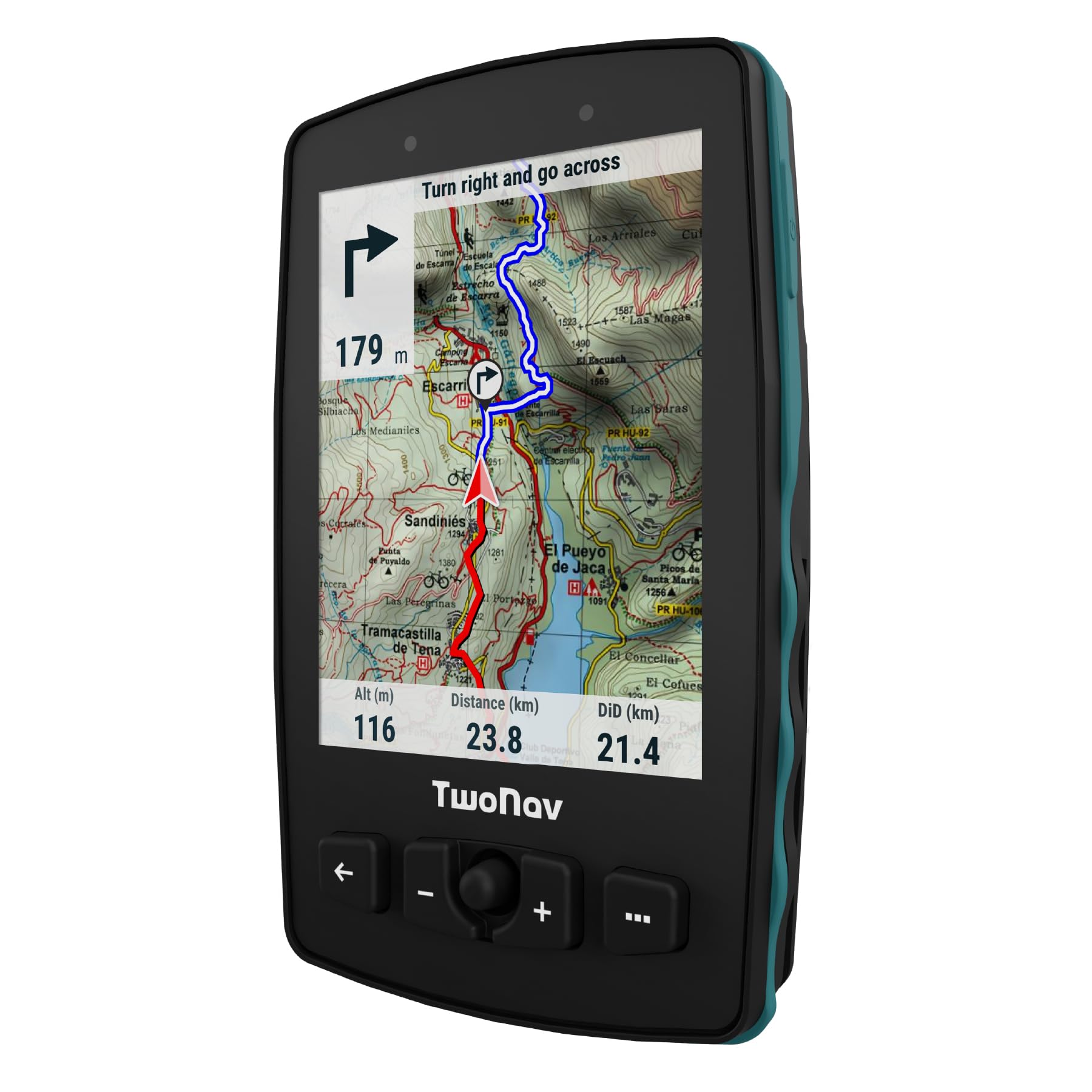 TwoNav Aventura 2 Plus, GPS de mano con pantalla amplia 3.7 pulgadas, botones y joystick para montaña, alpinismo, trekking o senderismo con mapas incluidos. Color Azul Turquesa