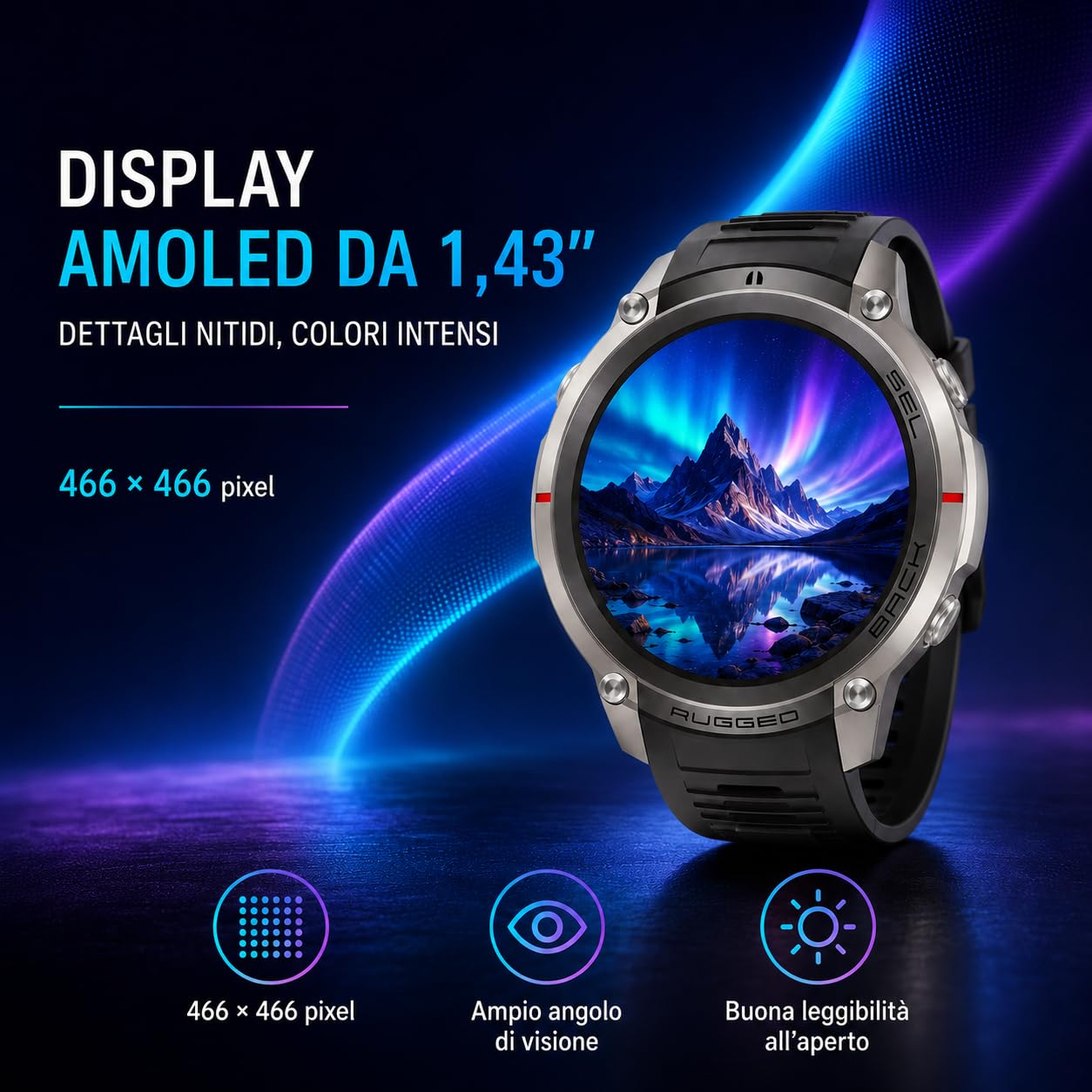 Reloj inteligente GPS con mapas fuera de línea, brújula, altímetro, tiempo – Reloj con pantalla AMOLED de 1,43 pulgadas, impermeable 50 m, monitor de corazón/oxígeno/presión, correa de gel de