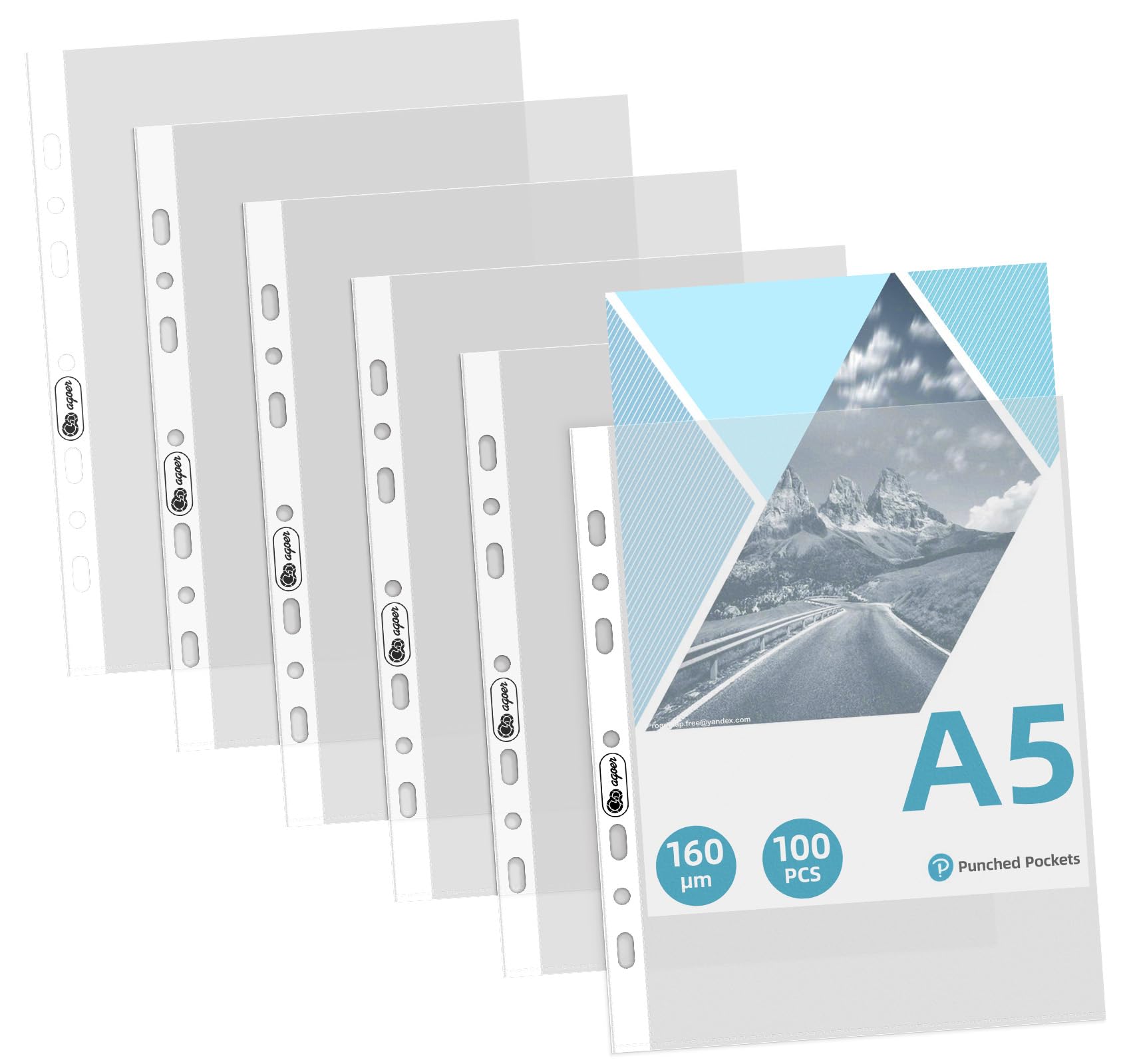 Agoer A5 Punched Pockets 100PCS, 160 Micron [Heavy Duty] A5 Plastic Wallets, 7 Hole Clear Plastic Sleeves Top Opening,Frosted Poly Pockets Document for 2/3 Ring Binders,School, Office, Home