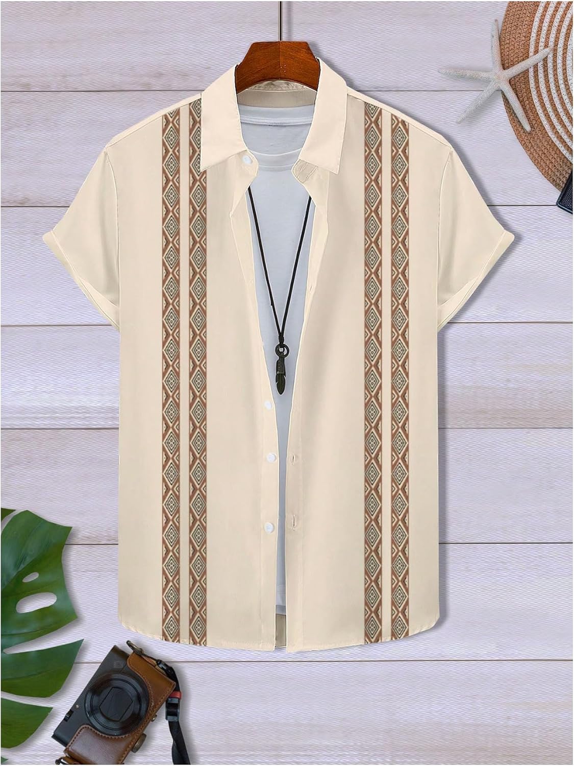 SOLY HUX Men's Button Down Shirt Geometric Print Collared Short Sleeve Casual Summer Shirts - Image 3