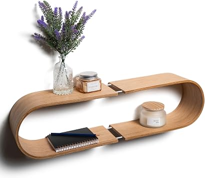 EWART WOODS Floating Wall Mounted Oval Shelf from Wood Decorative Geometric Wooden Shelves, Unique Oak Hanging Display Decor Walnut