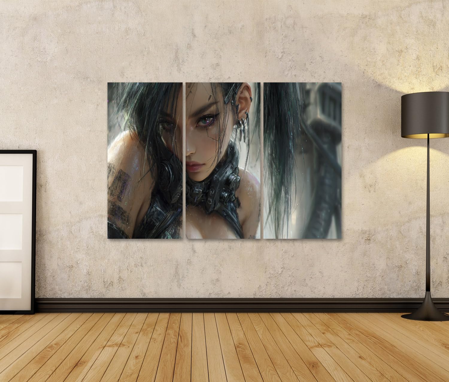 islandburner Quadro su tela Affascinante Cyberpunk Donna Murale per il soggiorno Per gli appassionati di fantascienza - 3 pezzi