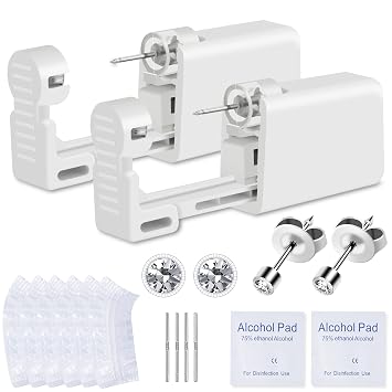 Ear Piercing Kit, 2 Pcs Disposable Ear Piercing Gun with Preloaded Ear Stud, at Home Self Ear Piercer Kit - 2MM Earrings Stud