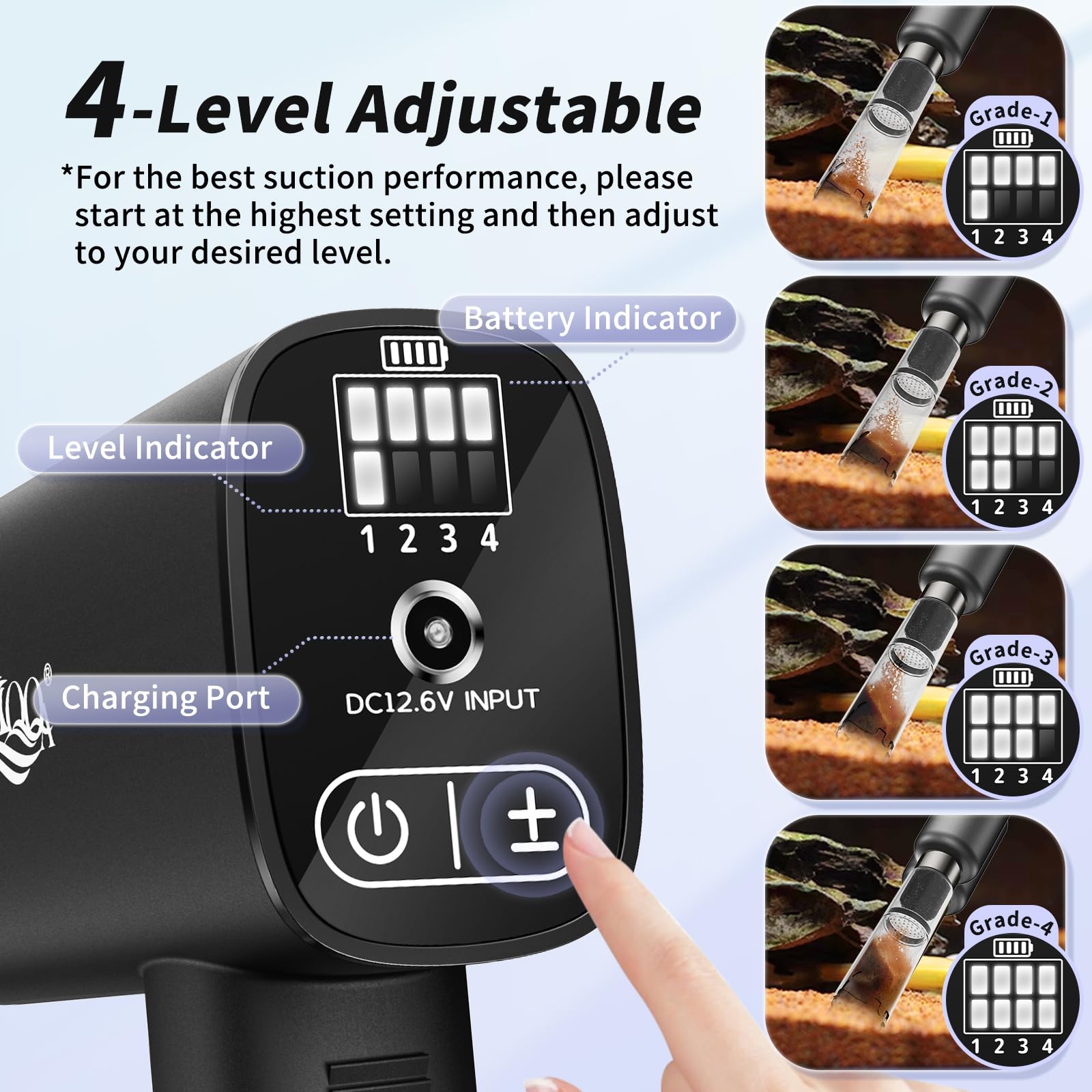 AQQA Limpiador de grava al vacío para acuario, 20 W, eléctrico, recargable, herramientas para cambio automático de agua, limpieza de desechos y lavado de arena, fuerte succión con 4 velocidades