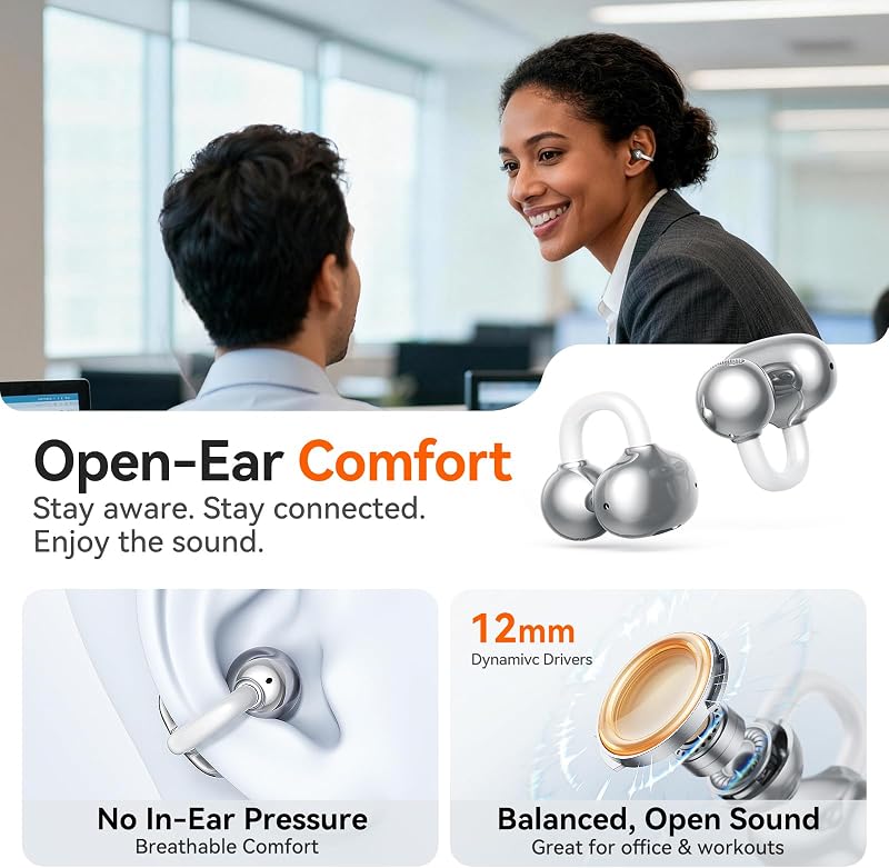 Kinglucky 2-in-1 Wireless Earbuds, in-Ear & Open Ear Clip-On Earbuds Comfortable fit, Bluetooth Headphones 5.4 with Noise Cancelling Mic, Power Swap Charging, Up to 50H, White image 5