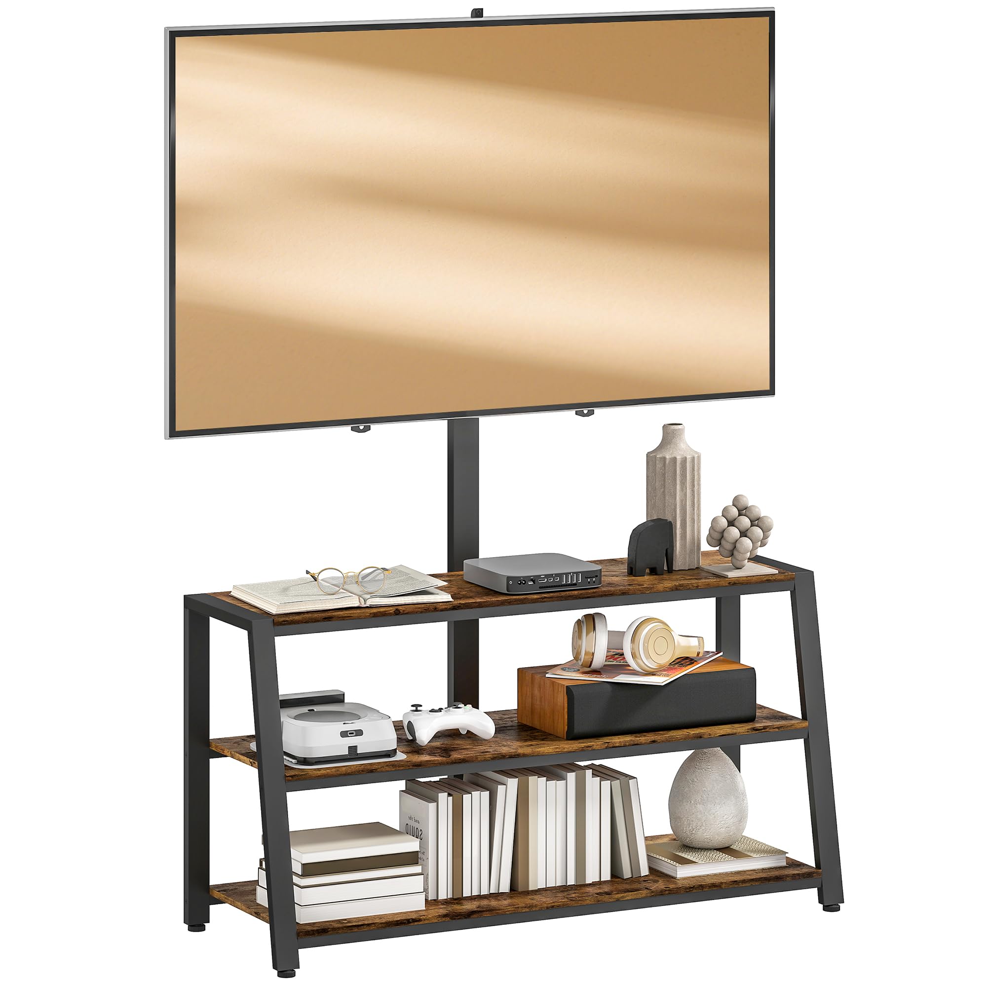 HOMCOM Meuble TV avec Support orientable 35°, Meuble télé pour téléviseurs de 32-70 Pouces, étagères Ouvertes, Banc TV Industriel pour Salon Chambre à Coucher, 108x41x135cm, Marron