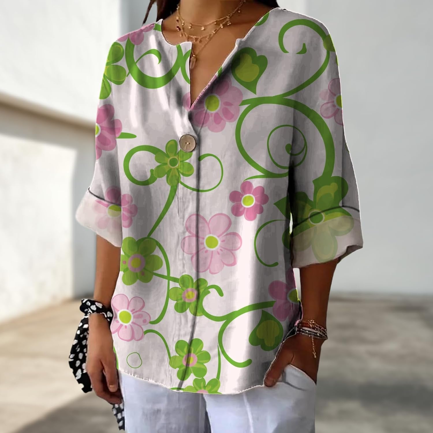 Hawaiian Shirts for Women Loose Vintage Graphic Floral Lightweight Button Down V Neck Comfy Printed Dressy Blouse - Image 2
